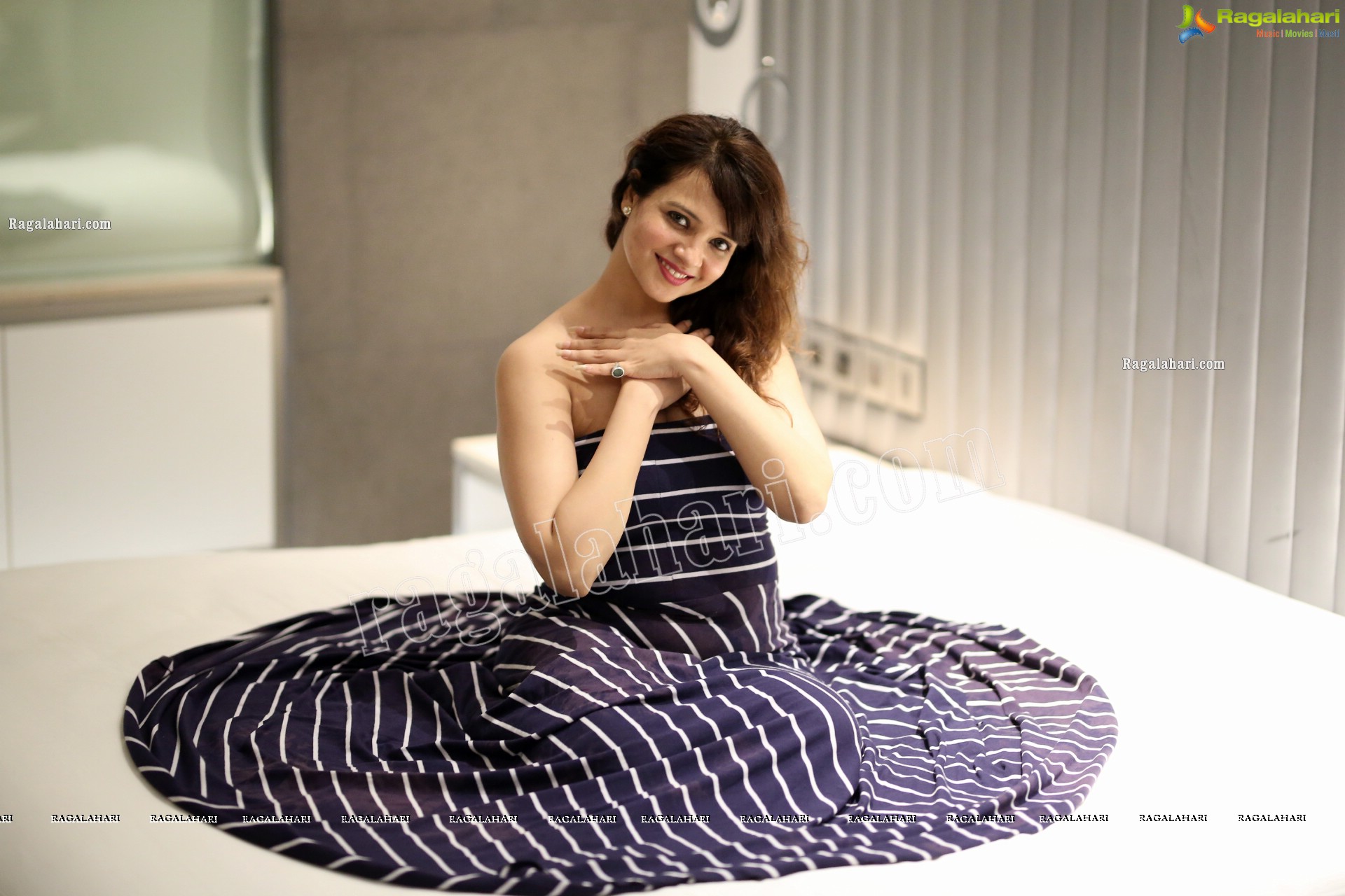 Saloni Aswani in Navy Blue Strapless Striped Long Swing Dress, Exclusive Photo Shoot