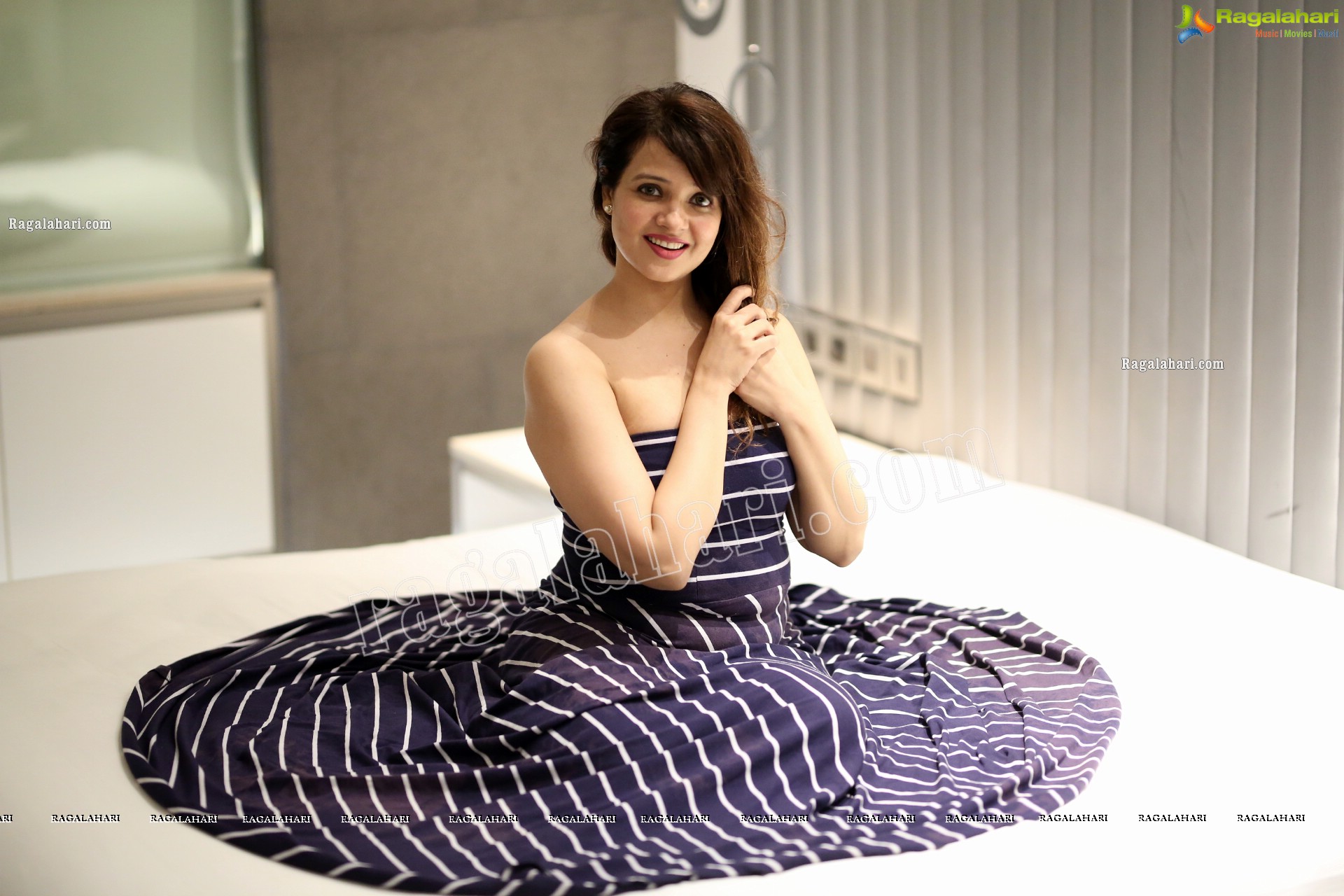 Saloni Aswani in Navy Blue Strapless Striped Long Swing Dress, Exclusive Photo Shoot