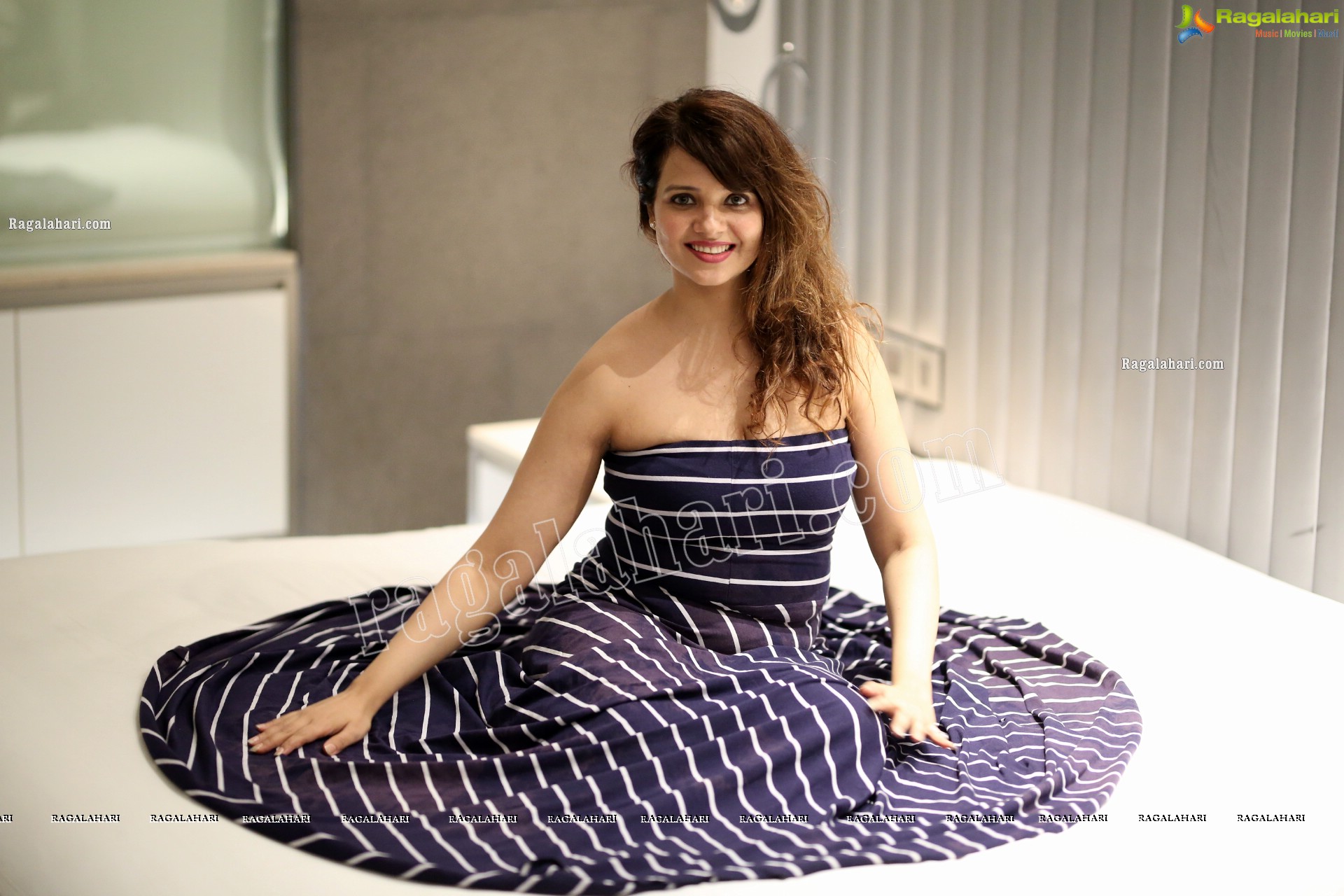 Saloni Aswani in Navy Blue Strapless Striped Long Swing Dress, Exclusive Photo Shoot