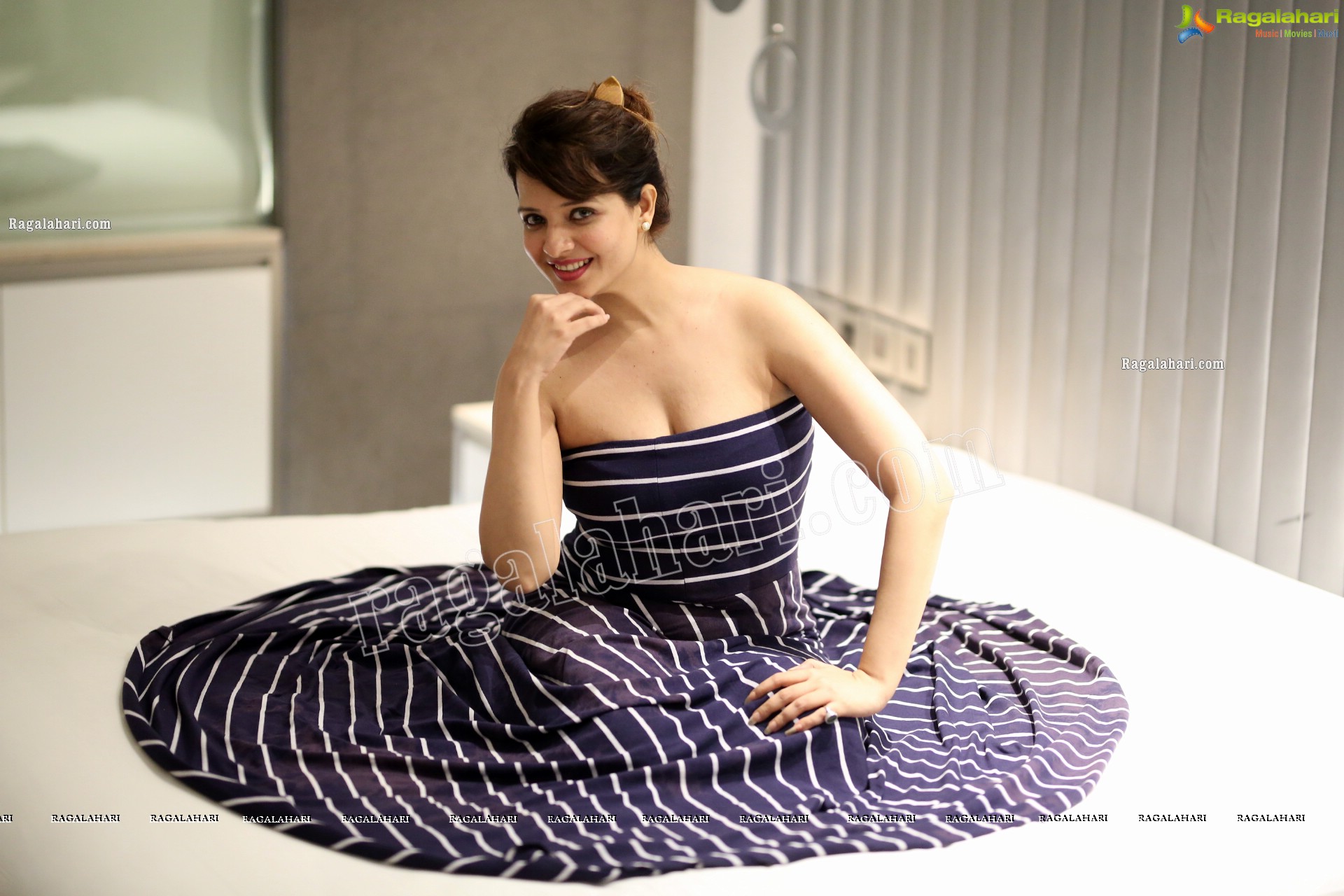 Saloni Aswani in Navy Blue Strapless Striped Long Swing Dress, Exclusive Photo Shoot