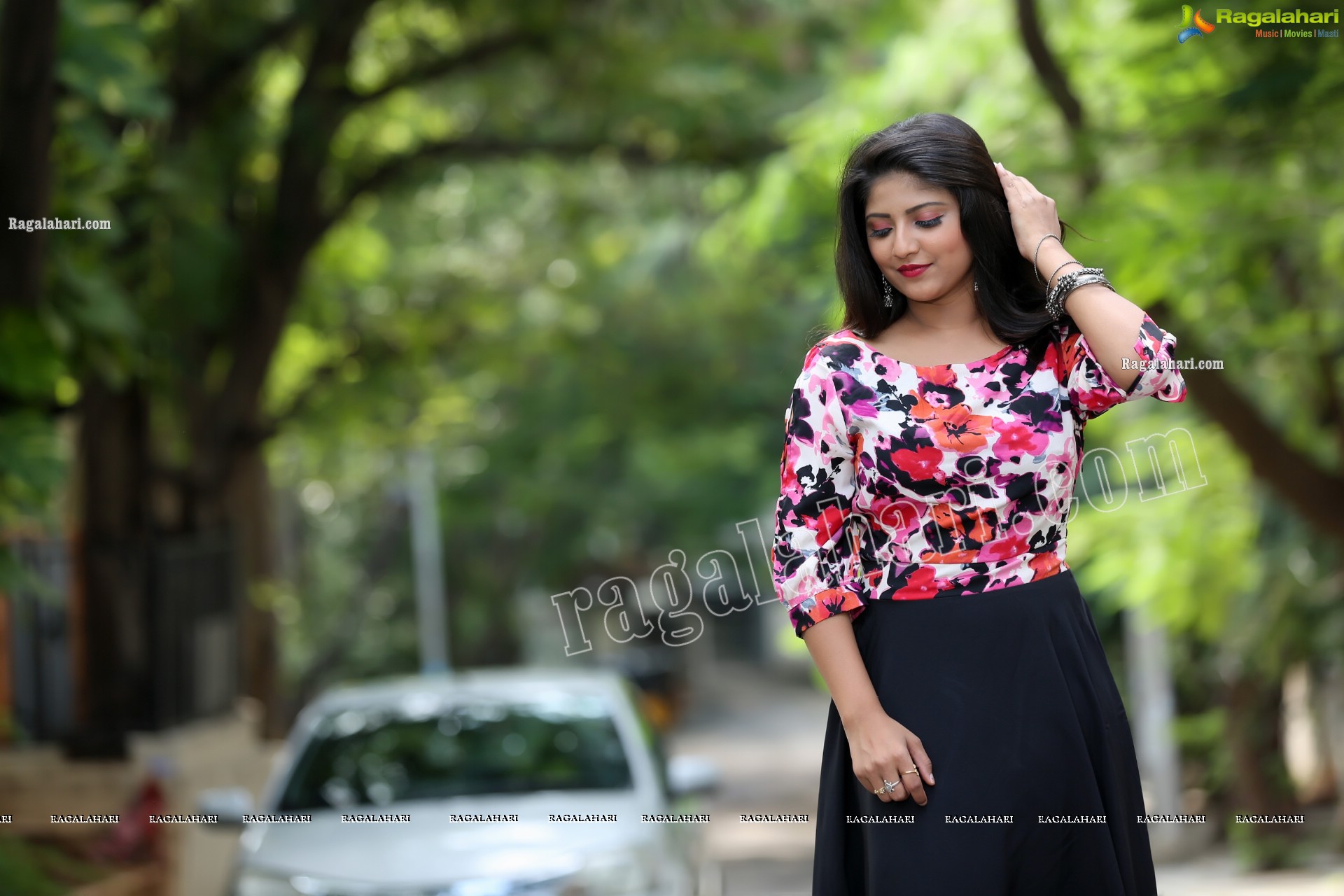 Shabeena Shaik in Blue Floral Top and Black Skirt Exclusive Photo Shoot