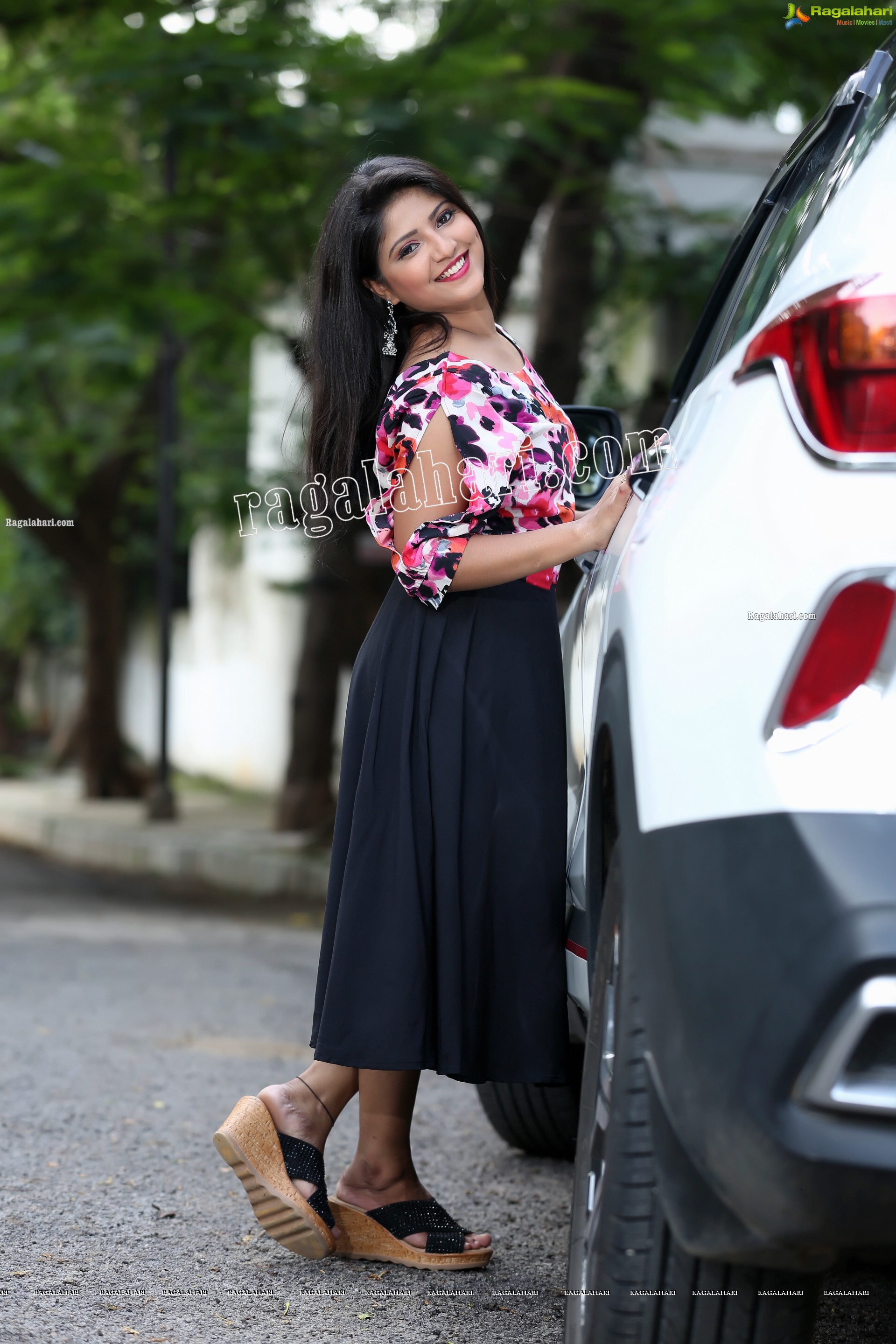 Shabeena Shaik in Blue Floral Top and Black Skirt Exclusive Photo Shoot