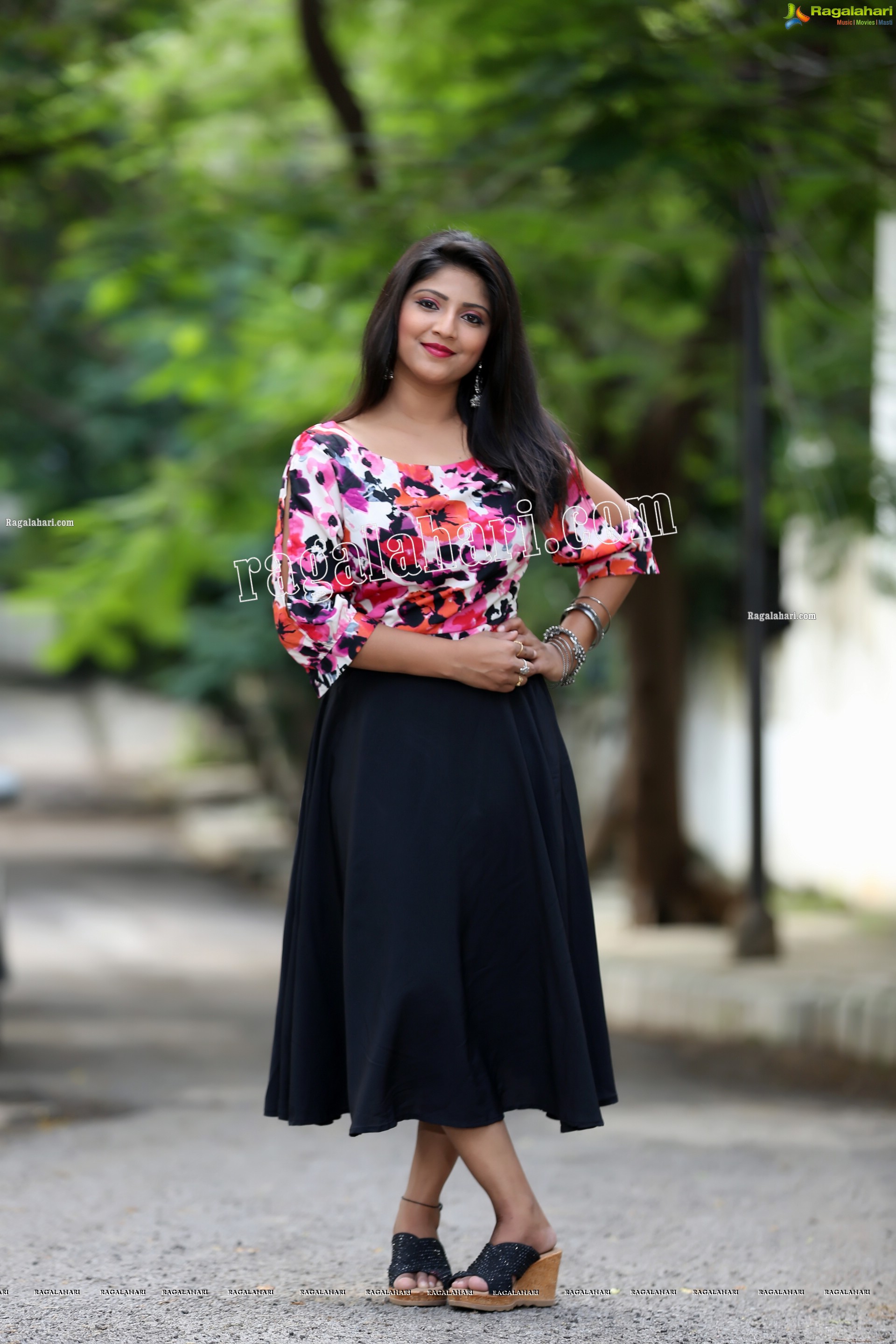 Shabeena Shaik in Blue Floral Top and Black Skirt Exclusive Photo Shoot