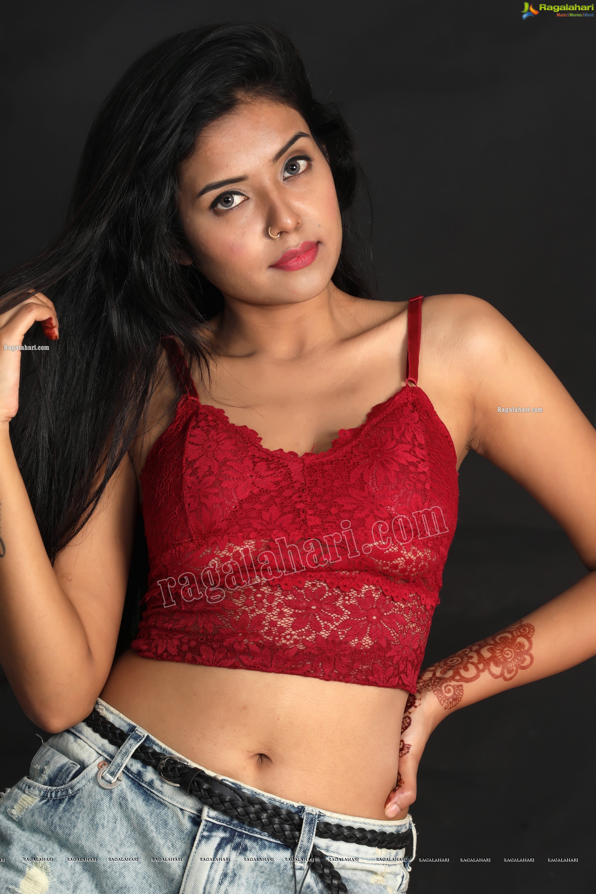 Swati Mandal in Red Lace Crop Top and Jeans Exclusive Photo Shoot