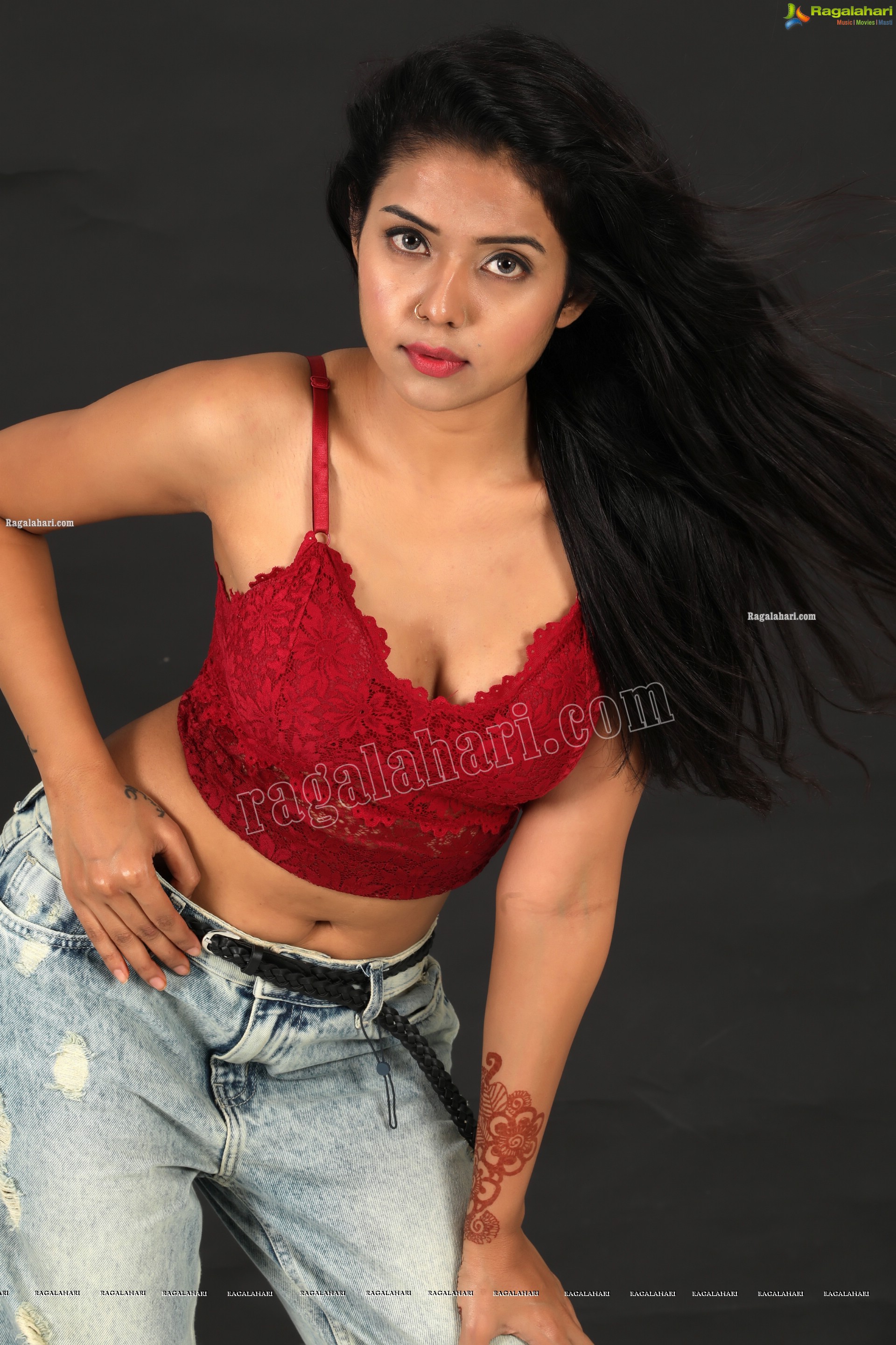 Swati Mandal in Red Lace Crop Top and Jeans Exclusive Photo Shoot