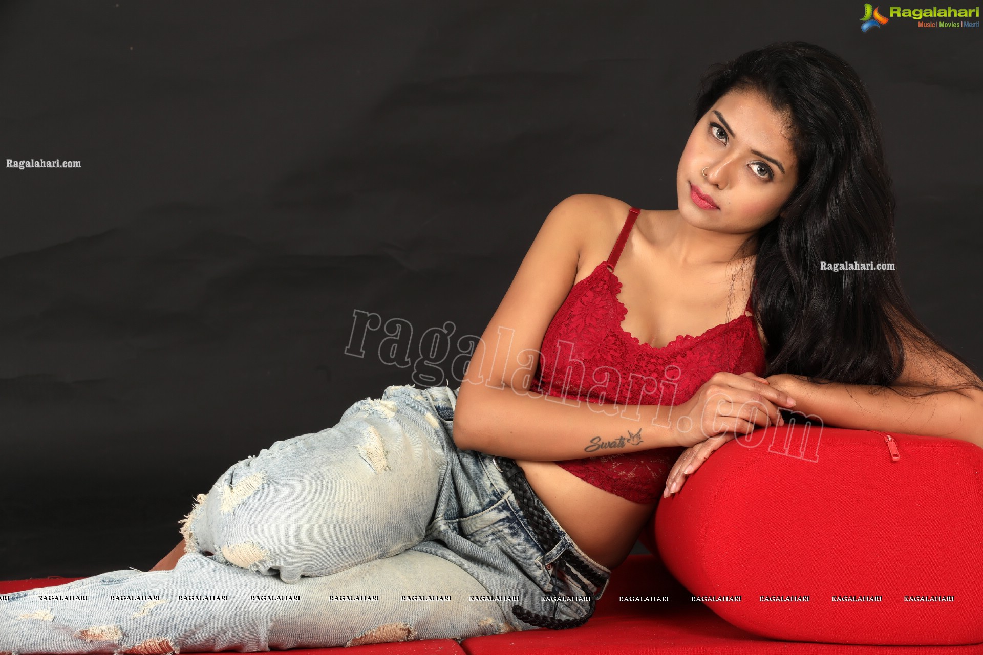 Swati Mandal in Red Lace Crop Top and Jeans Exclusive Photo Shoot