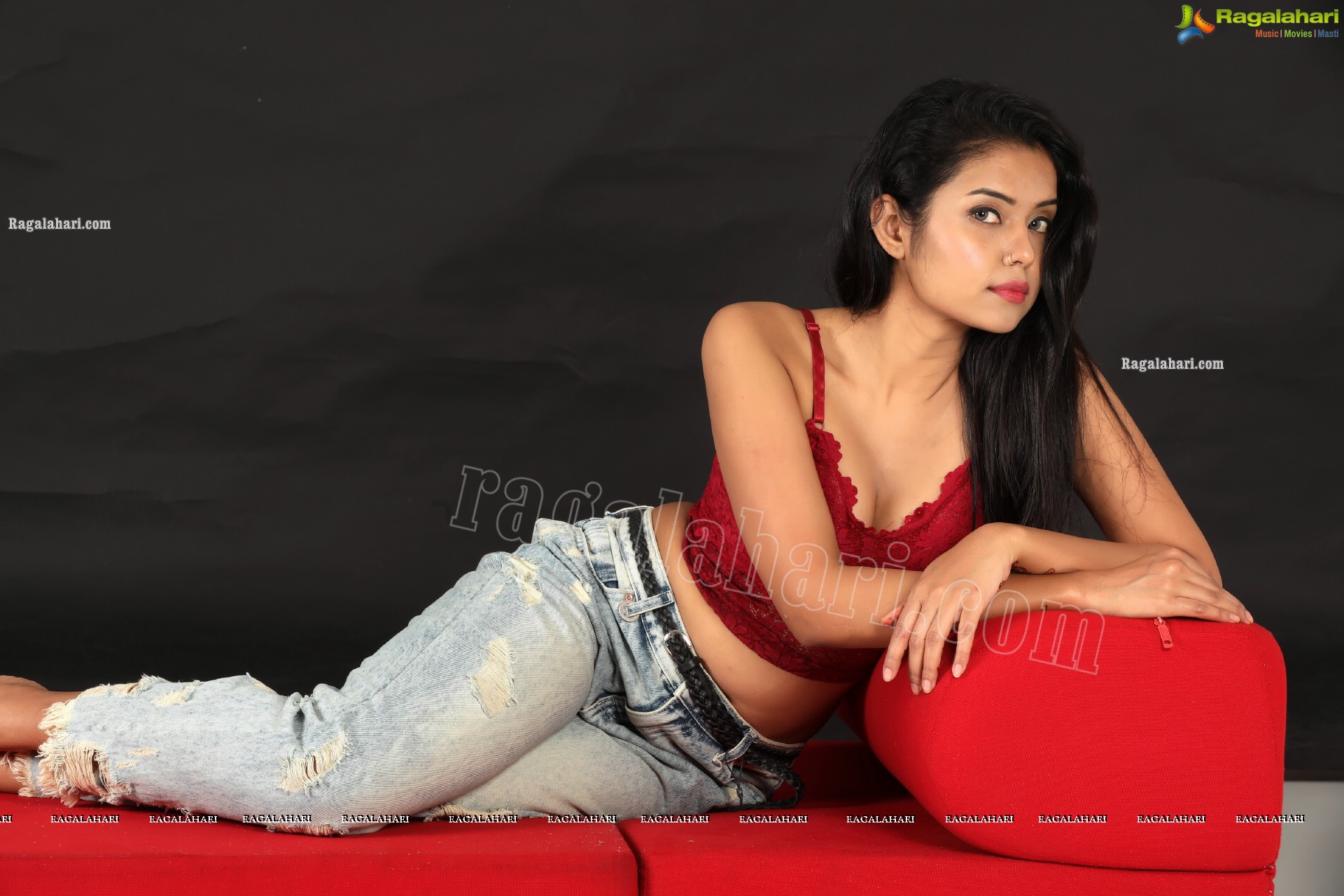 Swati Mandal in Red Lace Crop Top and Jeans Exclusive Photo Shoot