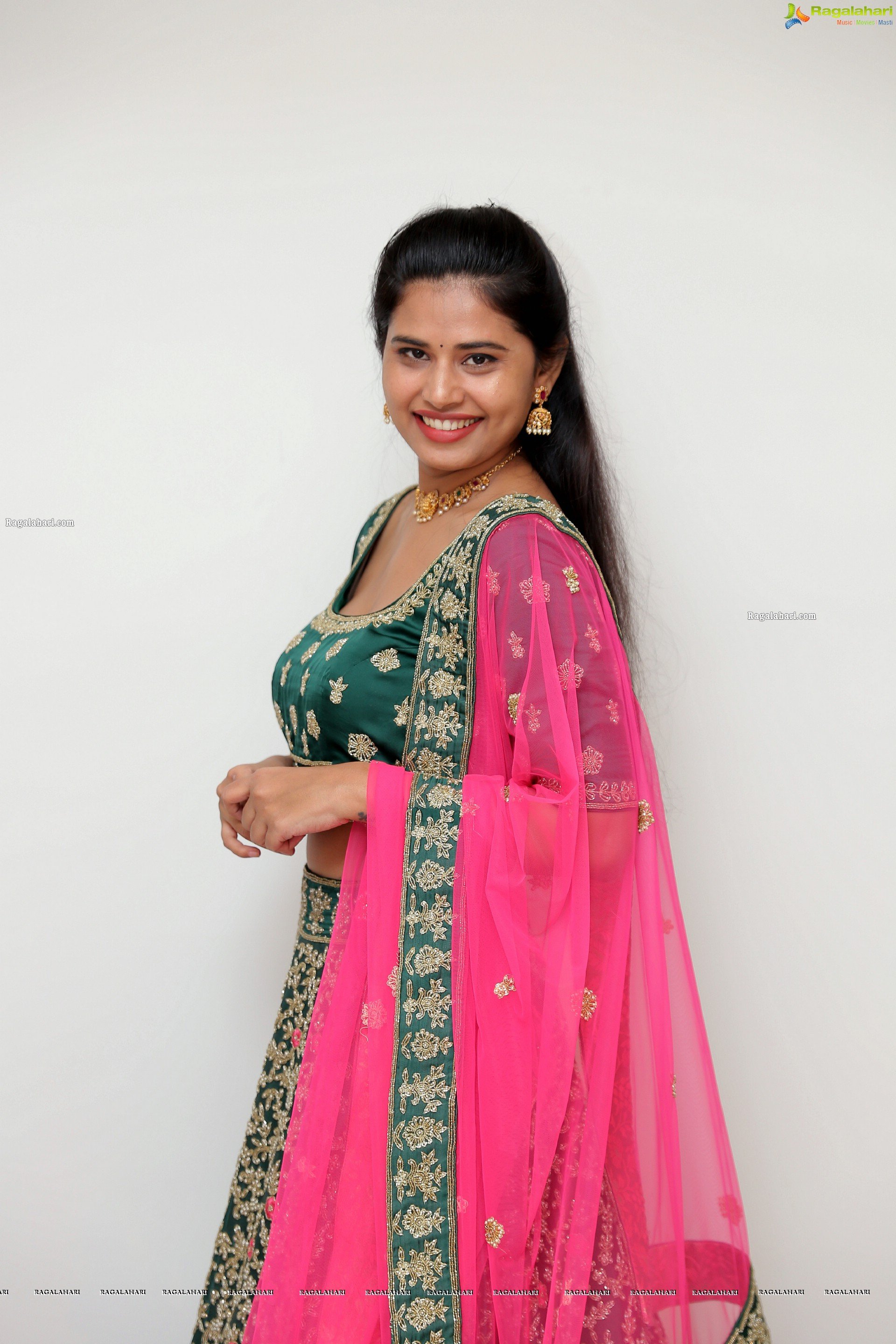 Sahasra Reddy in Green Designer Lehenga Choli, HD Photo Gallery