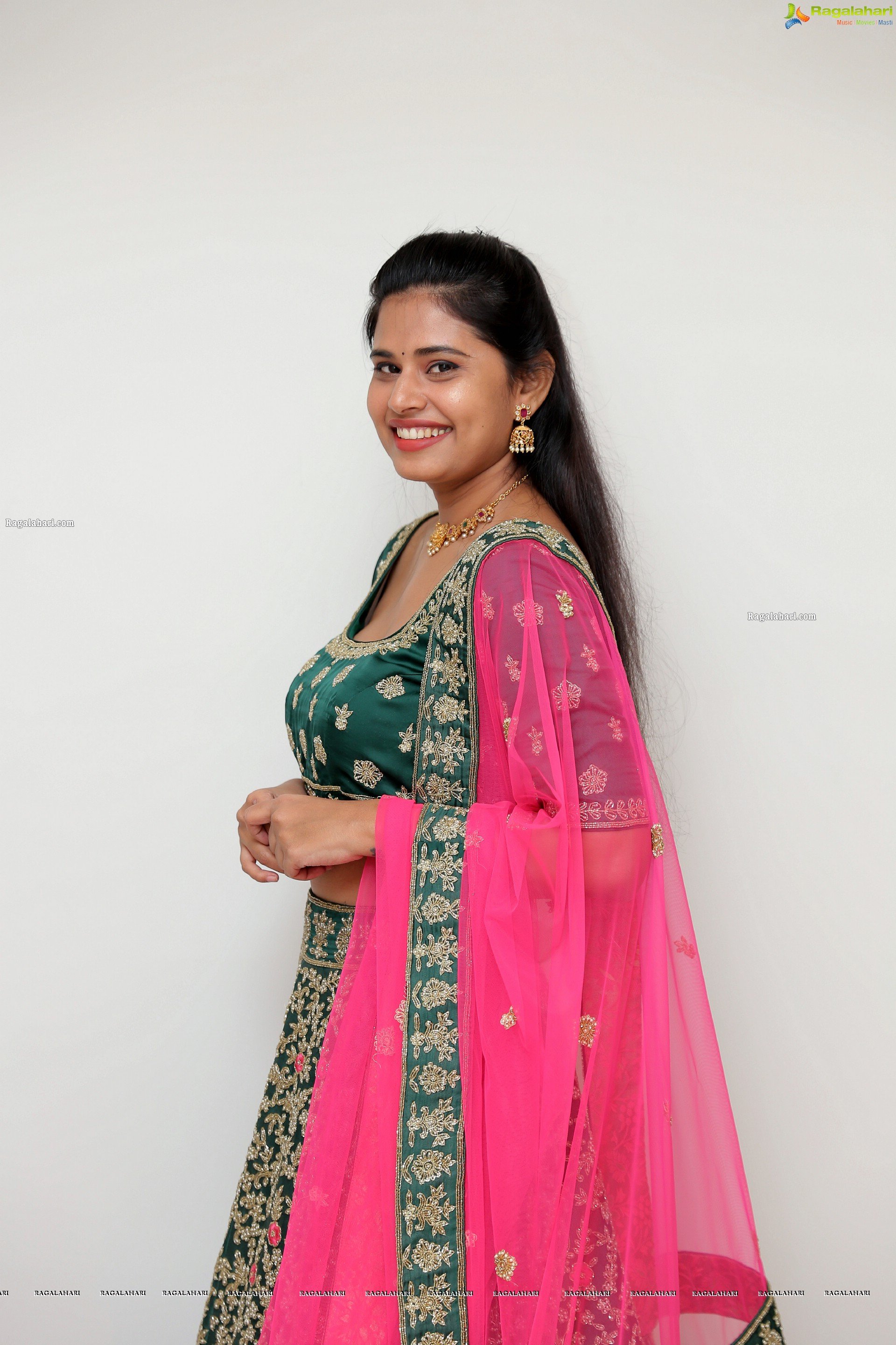 Sahasra Reddy in Green Designer Lehenga Choli, HD Photo Gallery