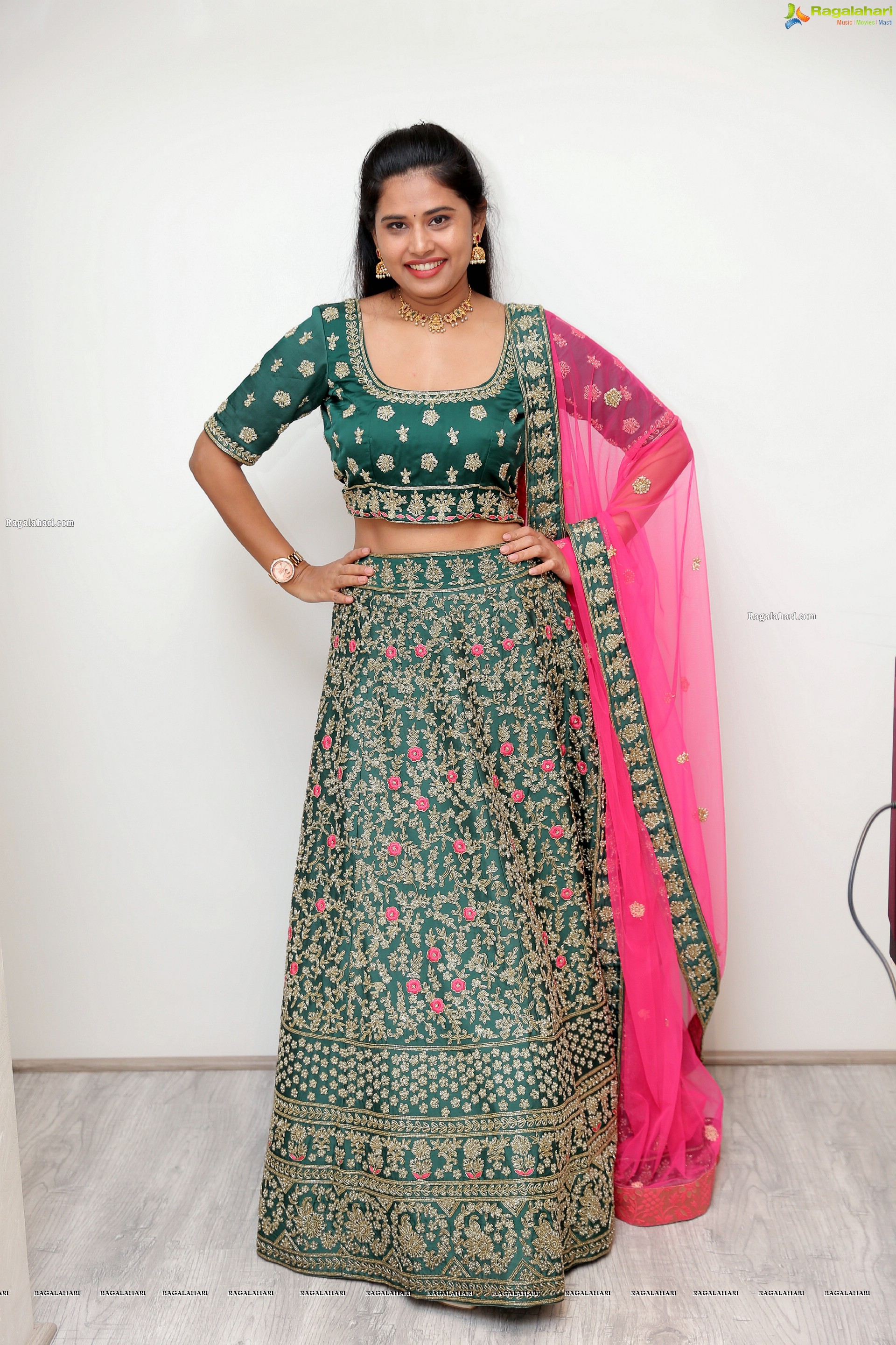 Sahasra Reddy in Green Designer Lehenga Choli, HD Photo Gallery