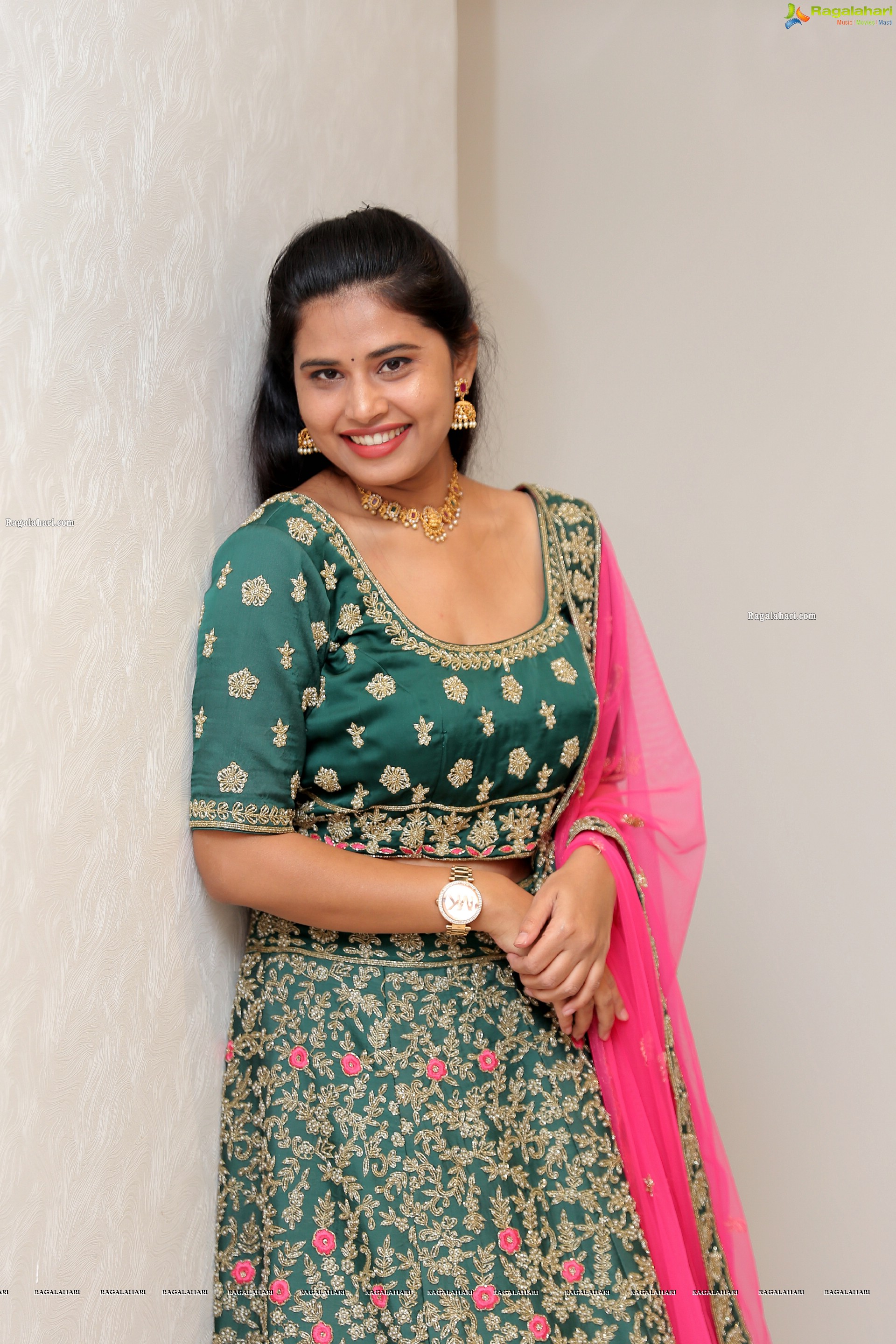 Sahasra Reddy in Green Designer Lehenga Choli, HD Photo Gallery