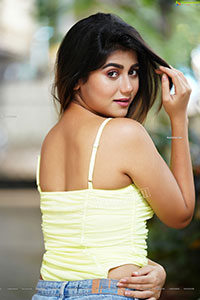 Prantika Das in Yellow Crop Top and Denim Shorts