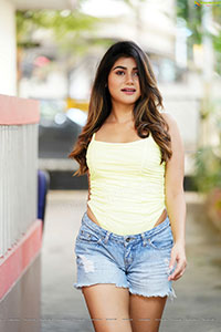 Prantika Das in Yellow Crop Top and Denim Shorts