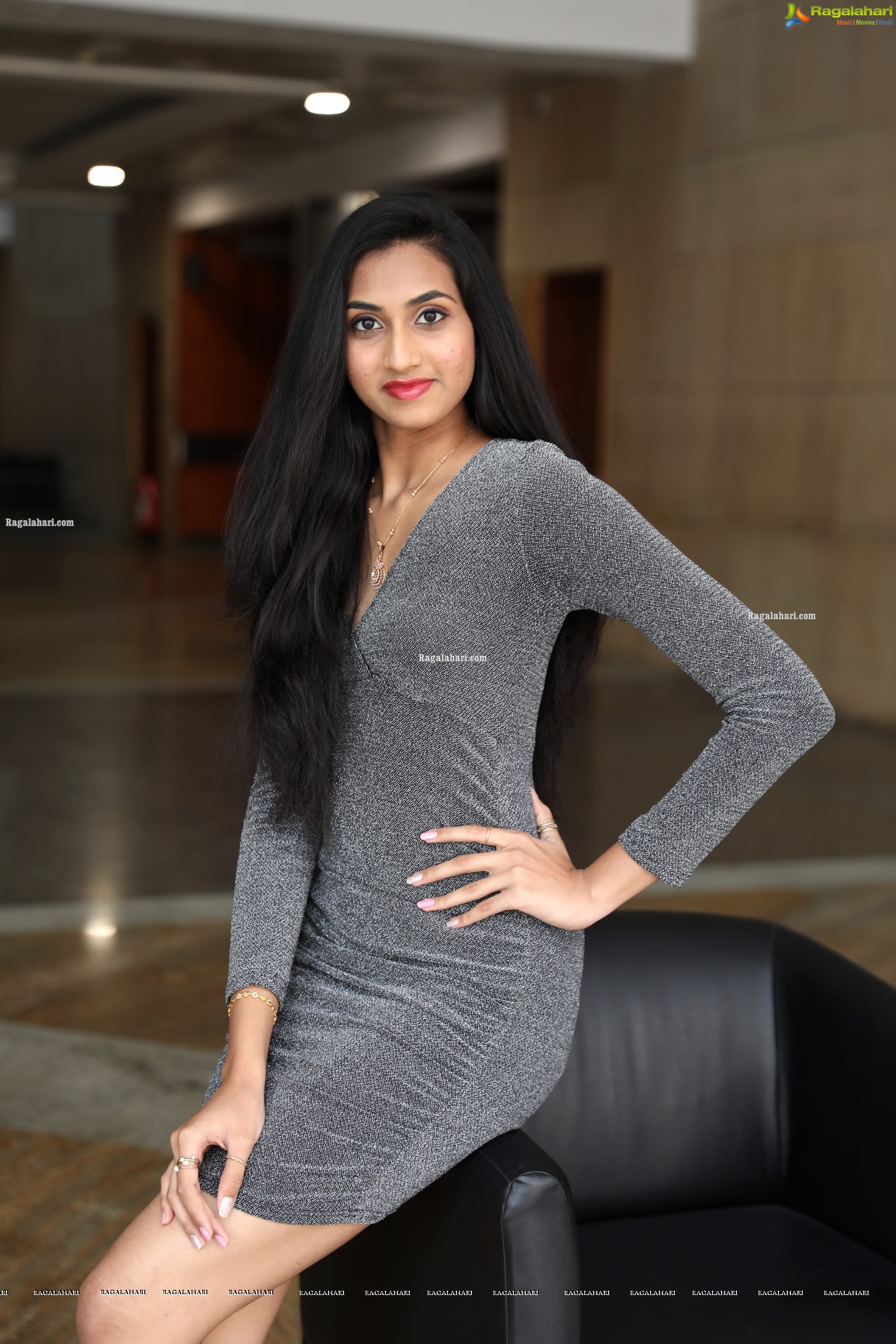 Laya Jupally in Gray Knit Bodycon Dress, HD Photo Gallery