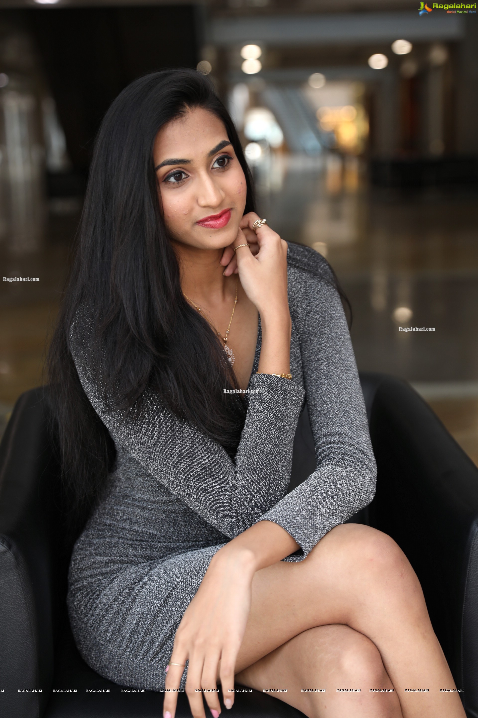 Laya Jupally in Gray Knit Bodycon Dress, HD Photo Gallery