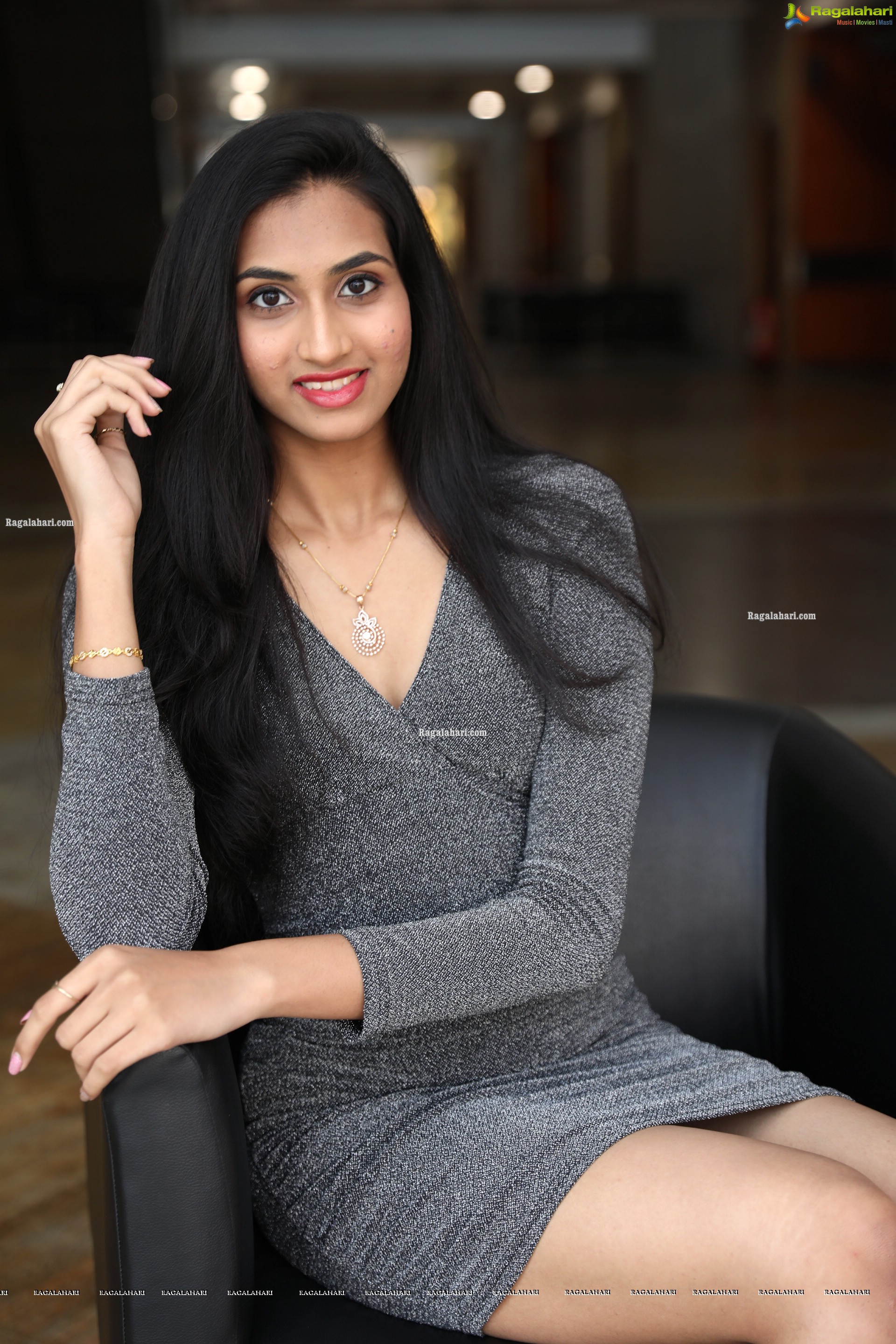 Laya Jupally in Gray Knit Bodycon Dress, HD Photo Gallery