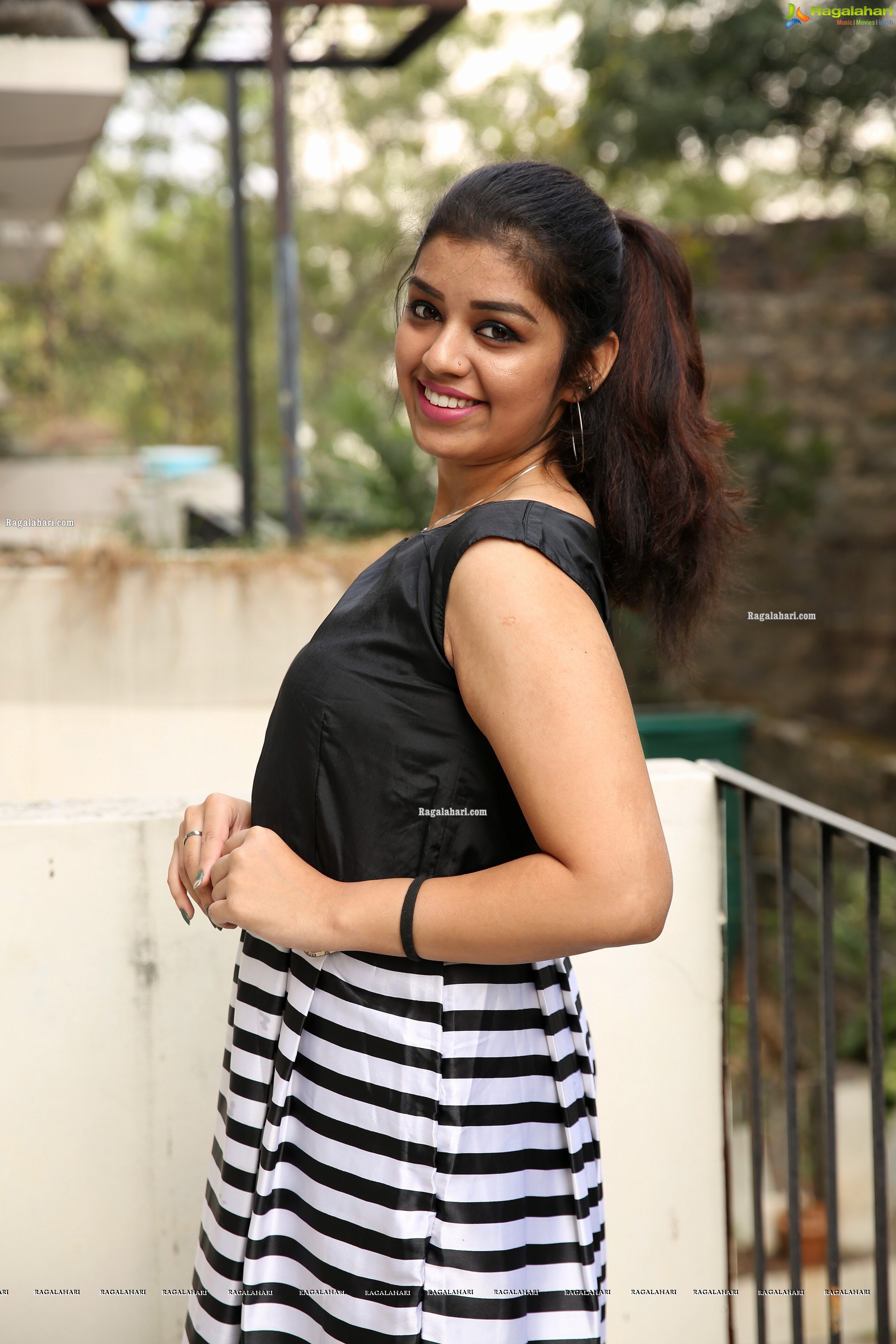 Shruthi Sharma in Black and White Stripes Mini Dress, HD Photo Gallery