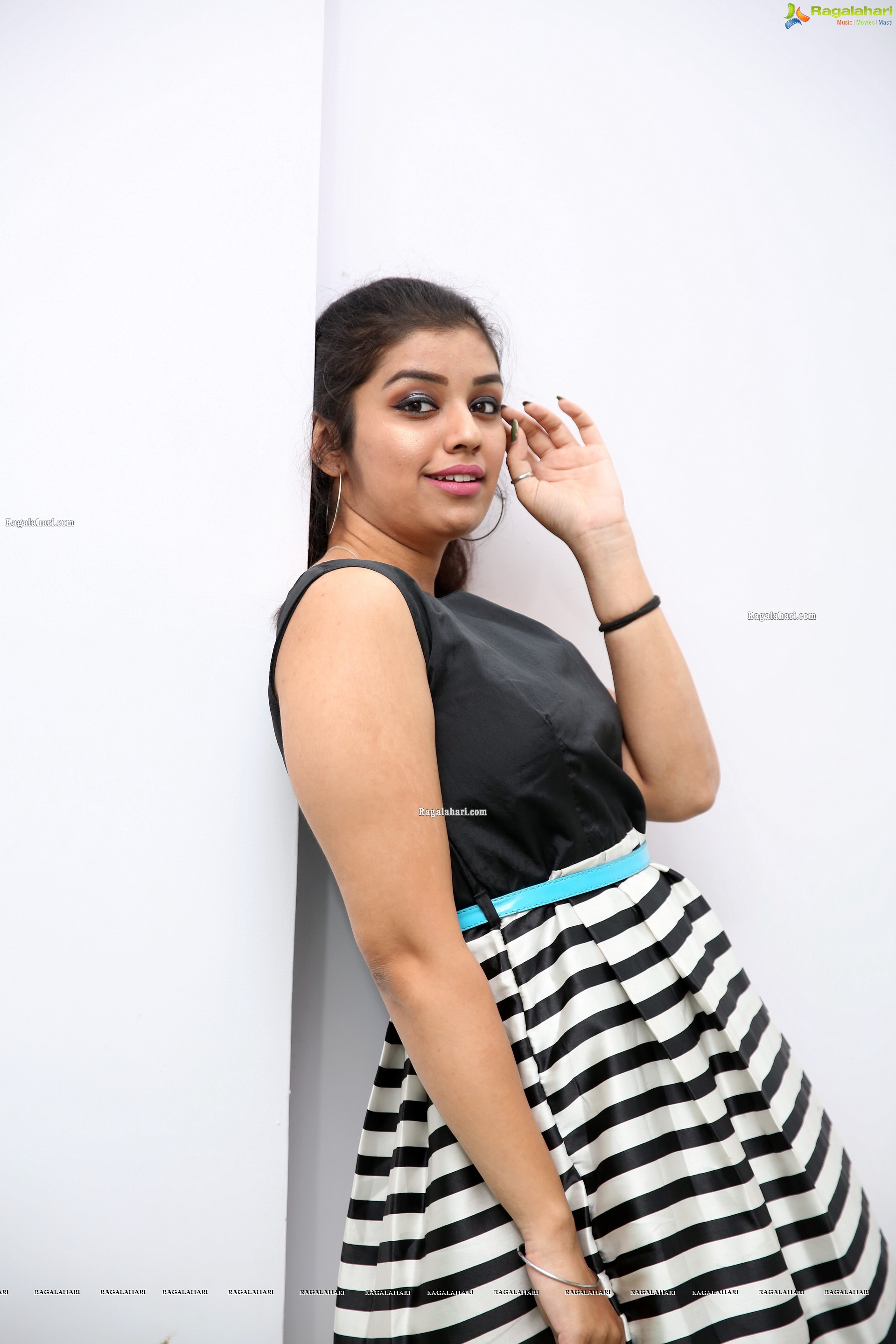 Shruthi Sharma in Black and White Stripes Mini Dress, HD Photo Gallery