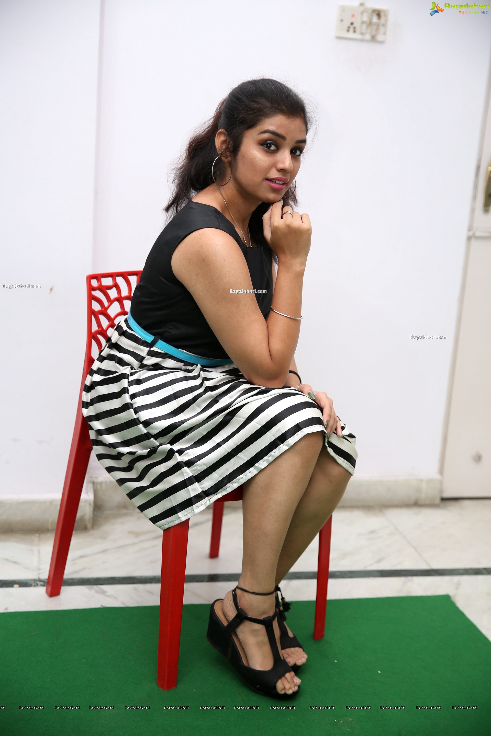 Shruthi Sharma in Black and White Stripes Mini Dress, HD Photo Gallery