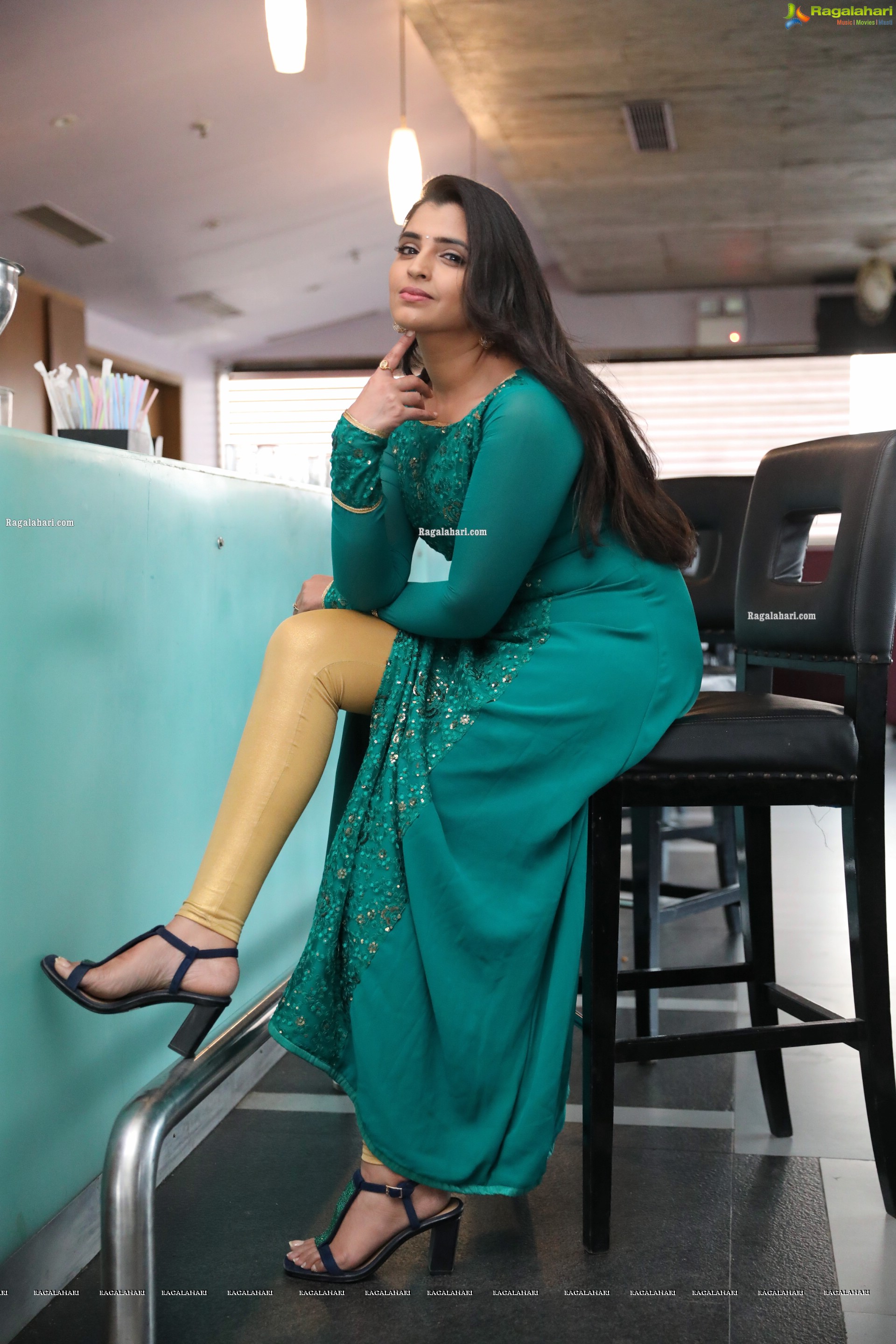 Shyamala in Teal Blue Slit Dress, HD Photo Gallery