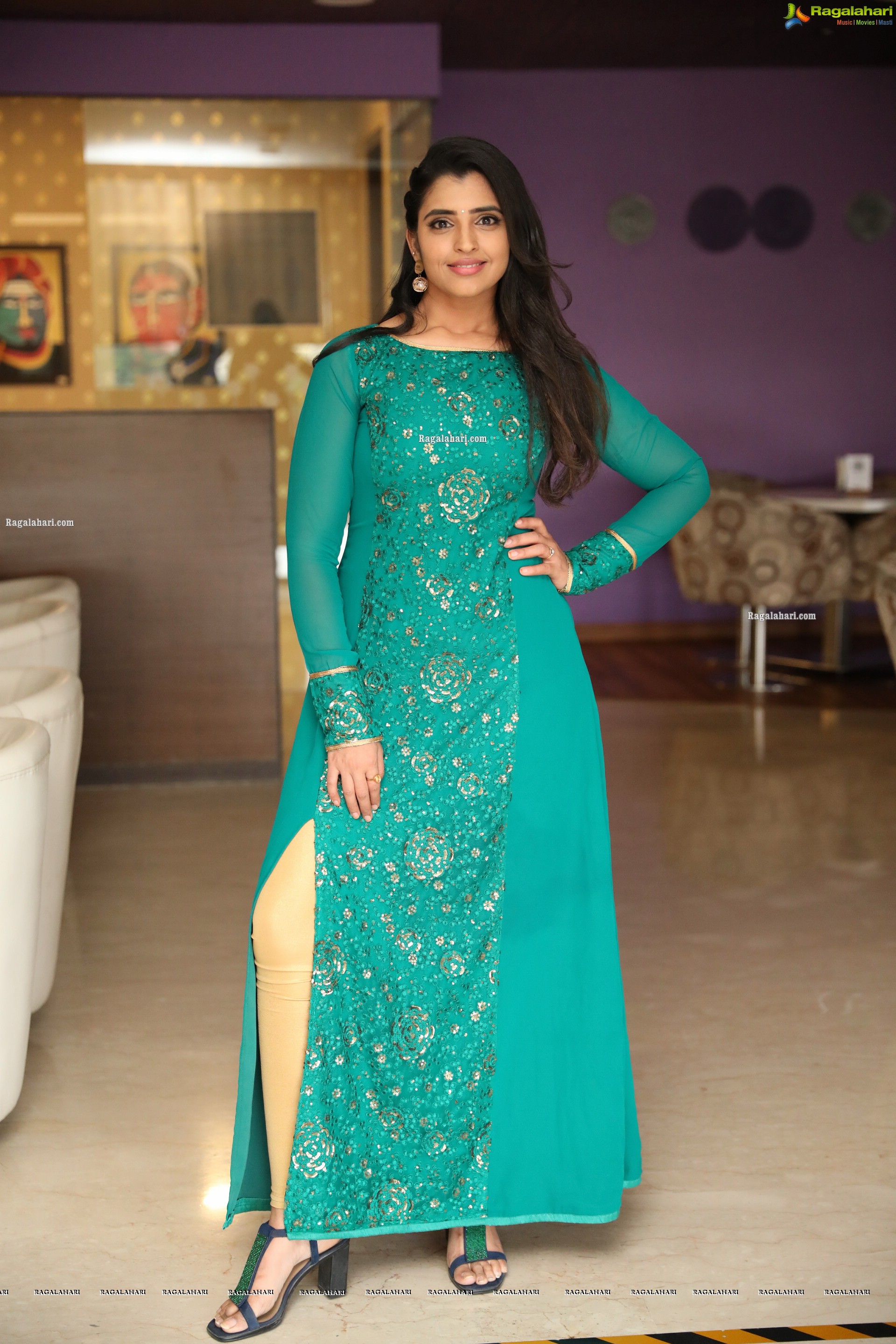 Shyamala in Teal Blue Slit Dress, HD Photo Gallery