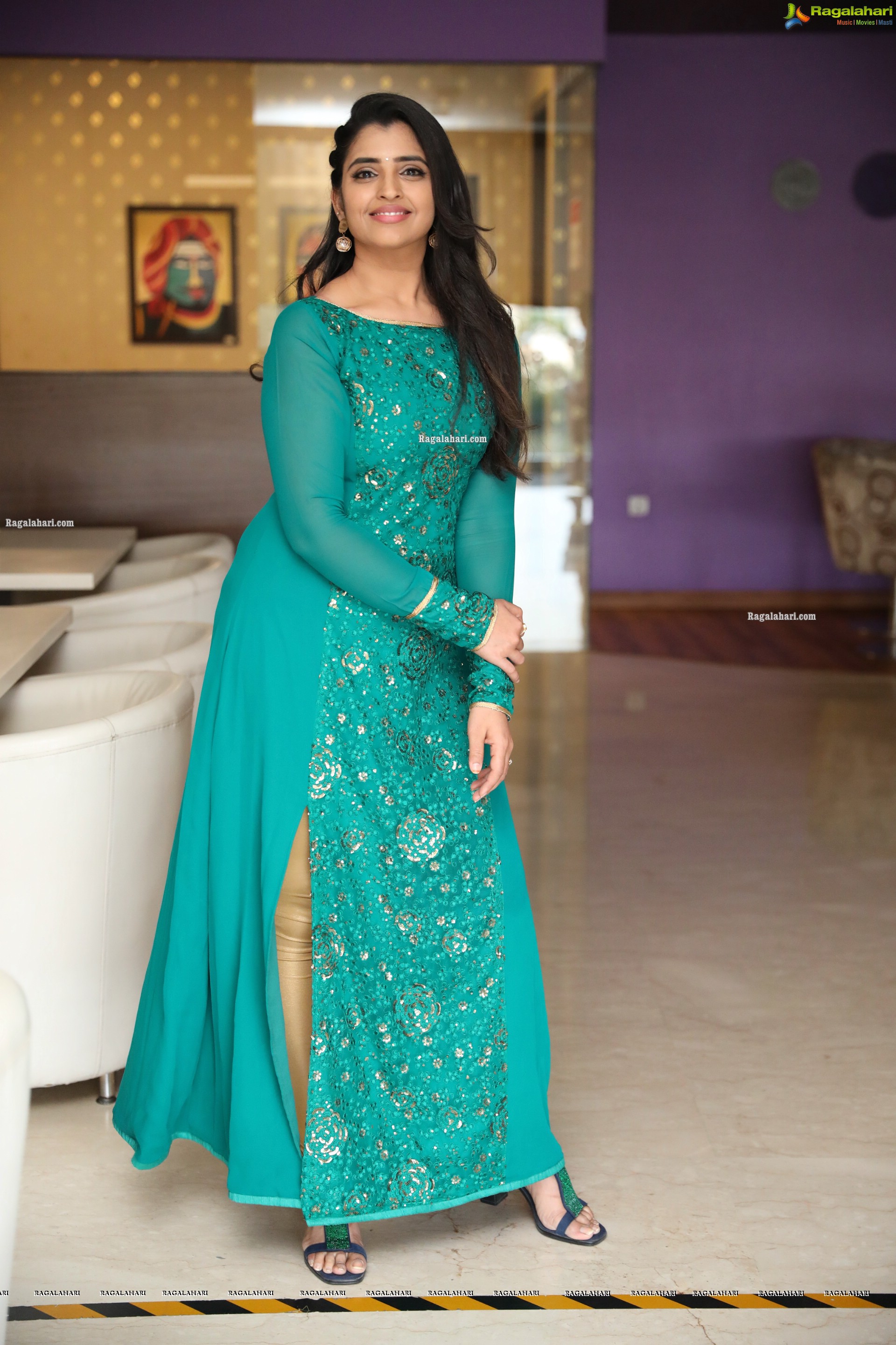 Shyamala in Teal Blue Slit Dress, HD Photo Gallery