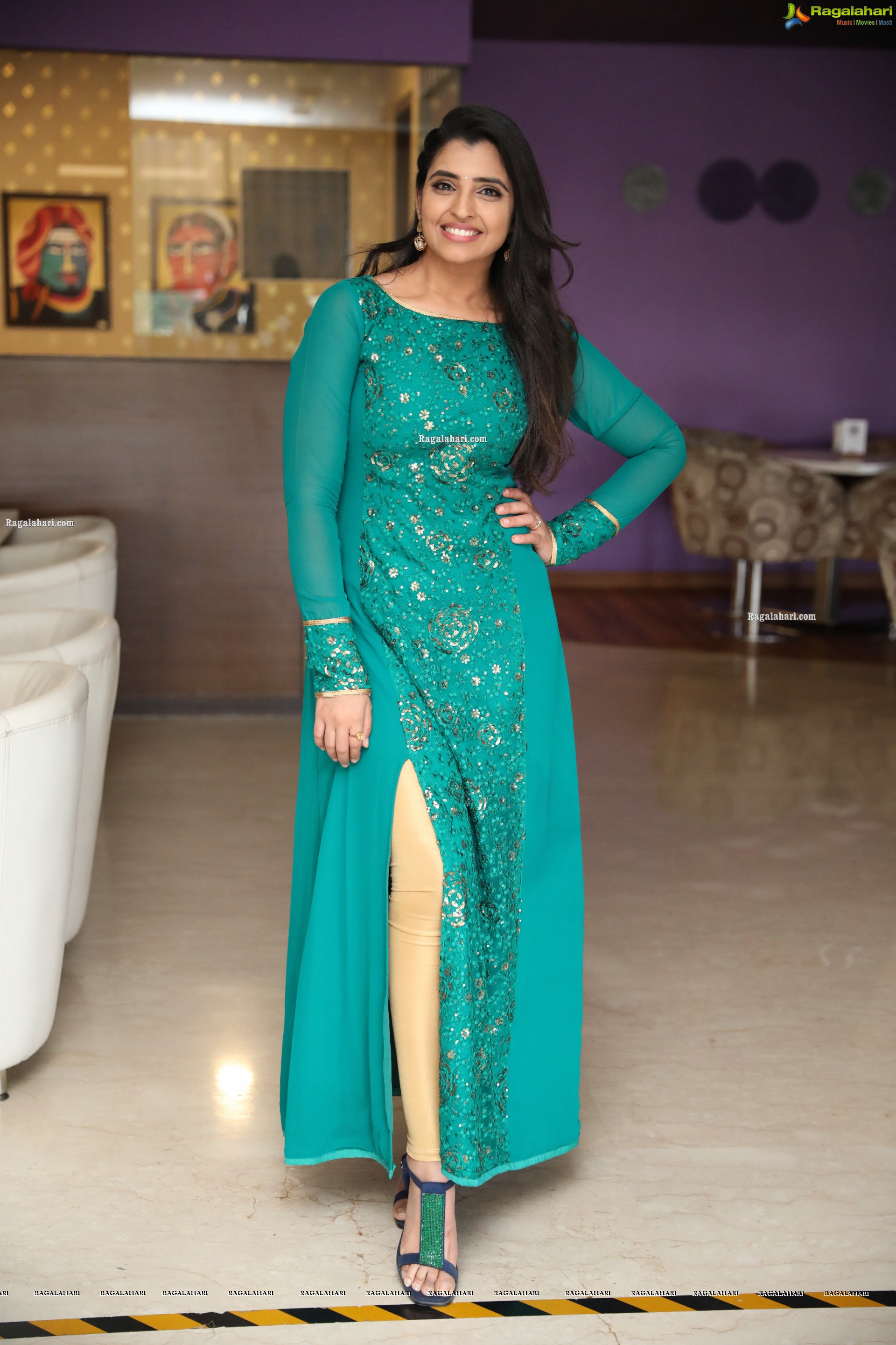 Shyamala in Teal Blue Slit Dress, HD Photo Gallery