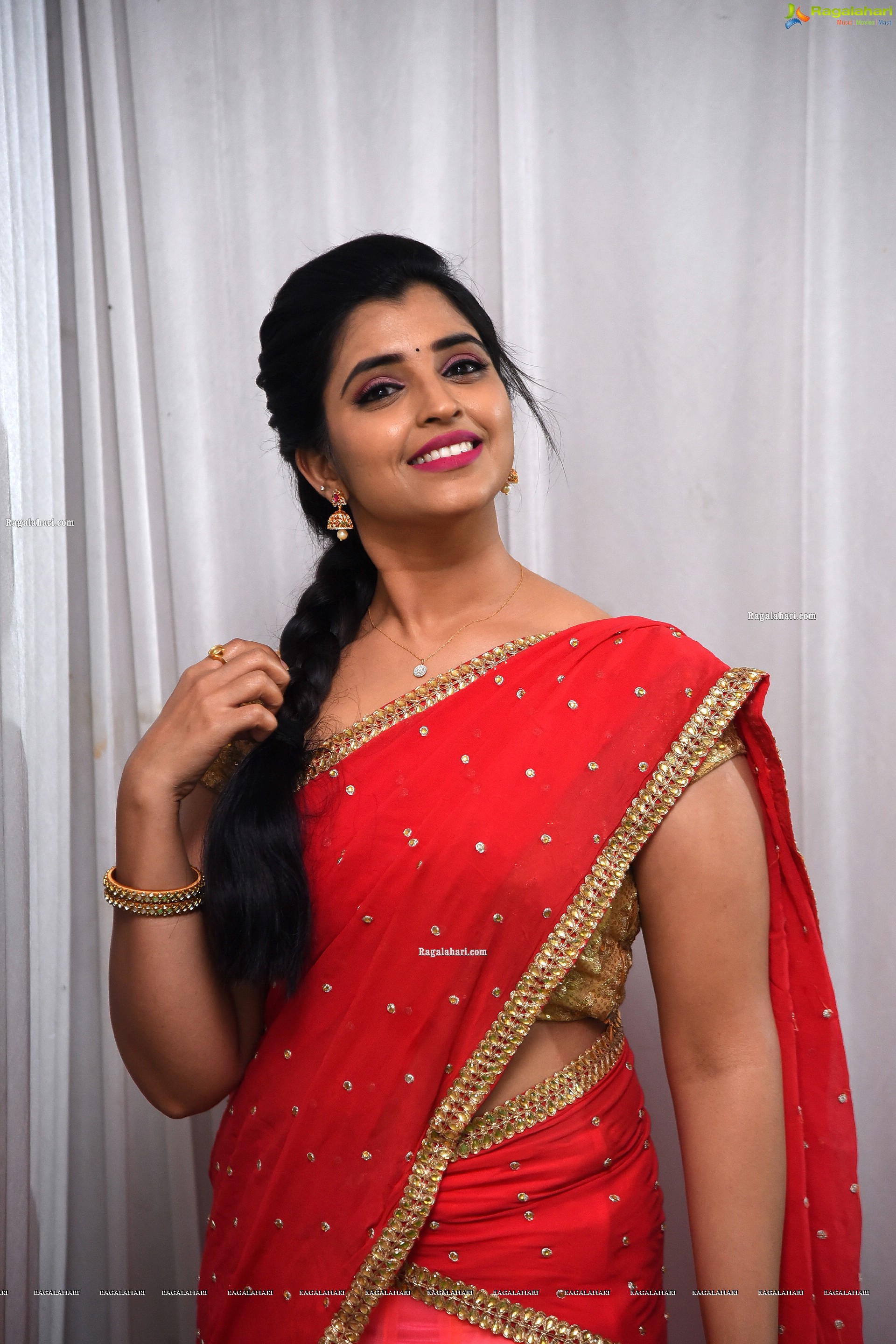 Shyamala in Pink and Red Half Saree, HD Photo Gallery