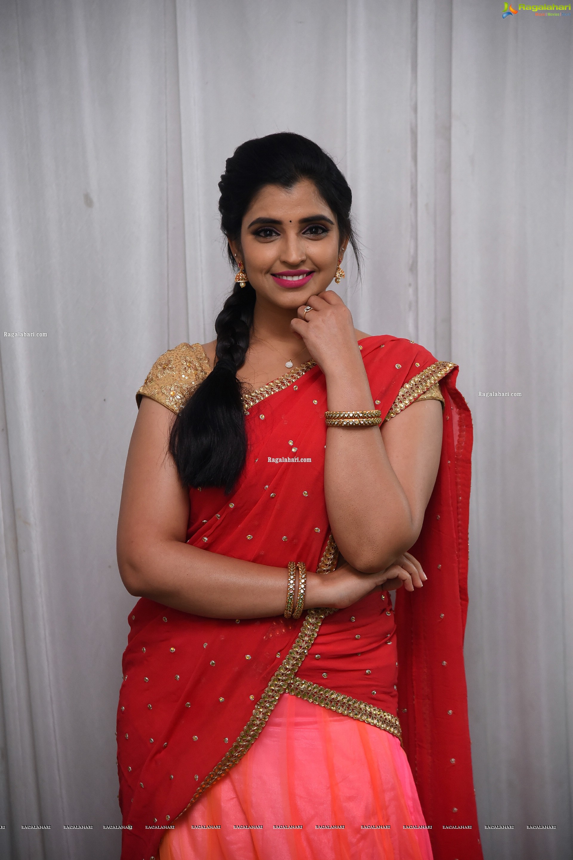 Shyamala in Pink and Red Half Saree, HD Photo Gallery