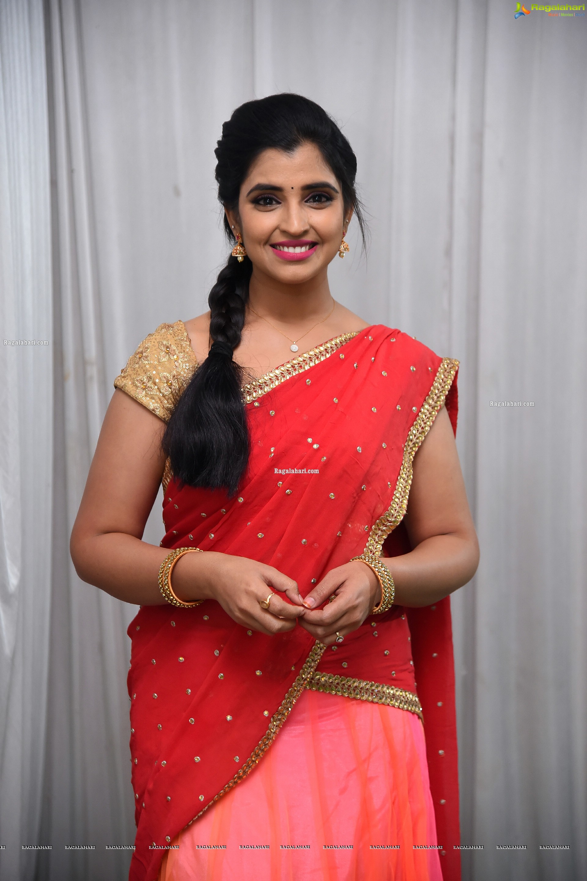 Shyamala in Pink and Red Half Saree, HD Photo Gallery