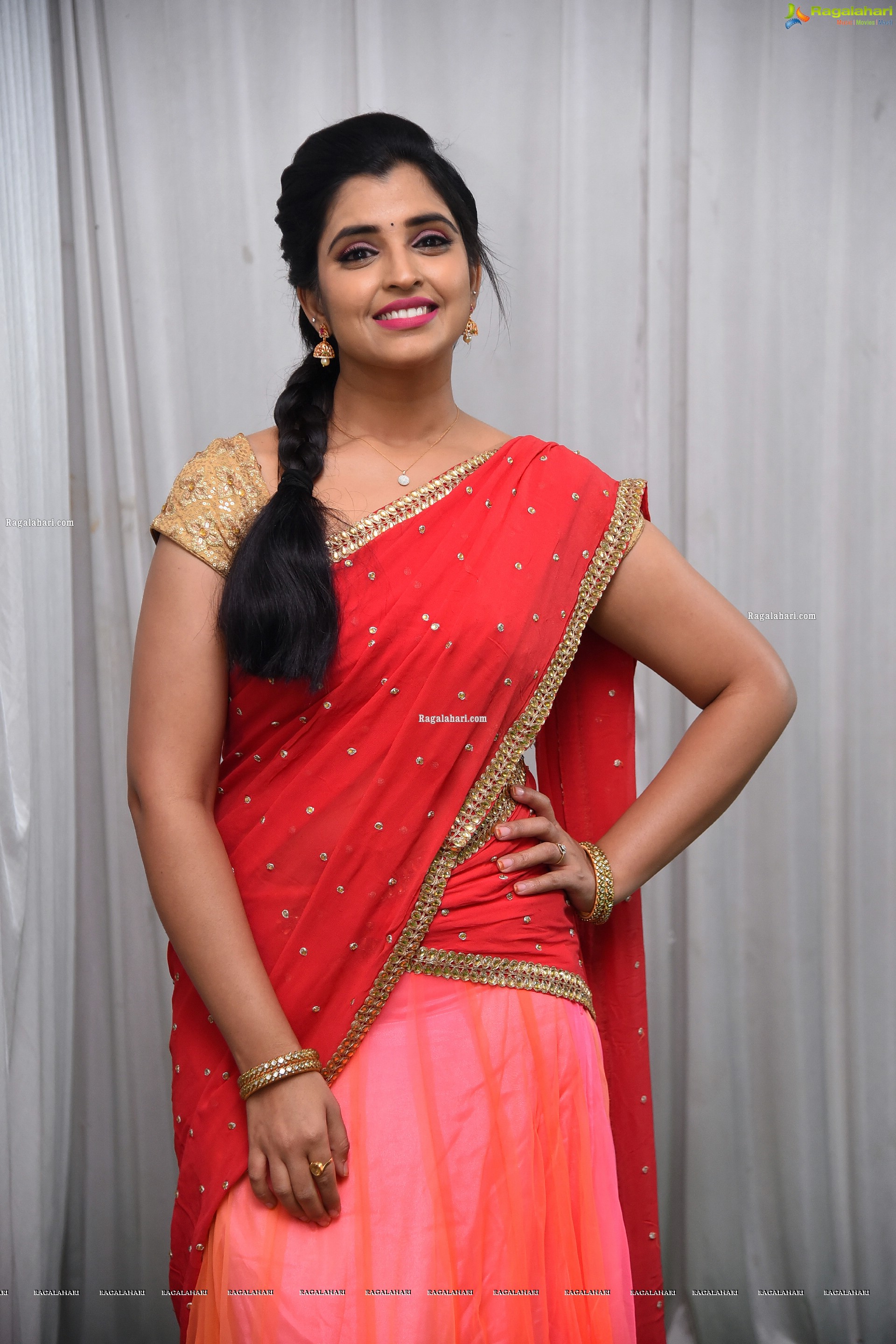 Shyamala in Pink and Red Half Saree, HD Photo Gallery