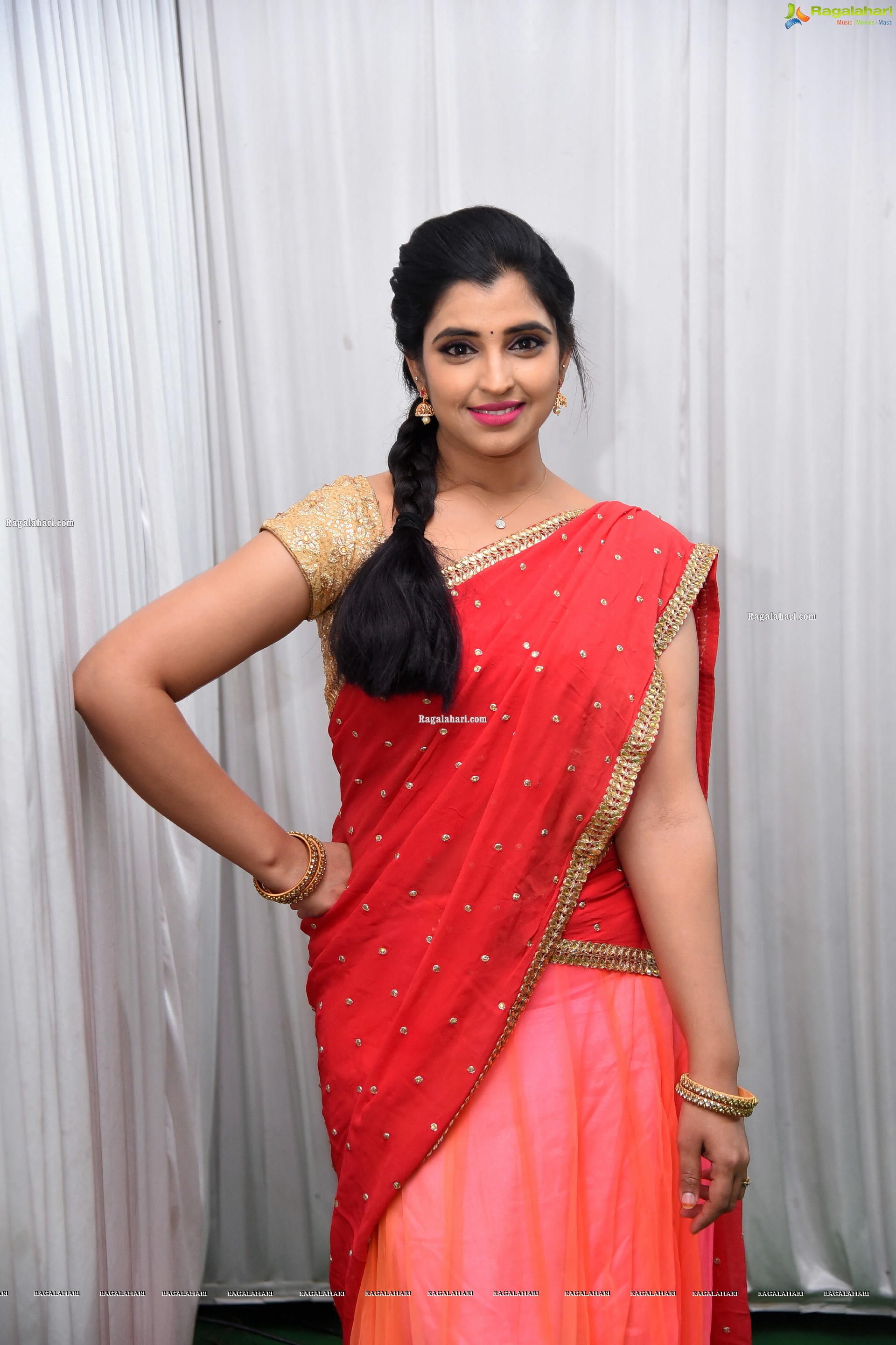 Shyamala in Pink and Red Half Saree, HD Photo Gallery