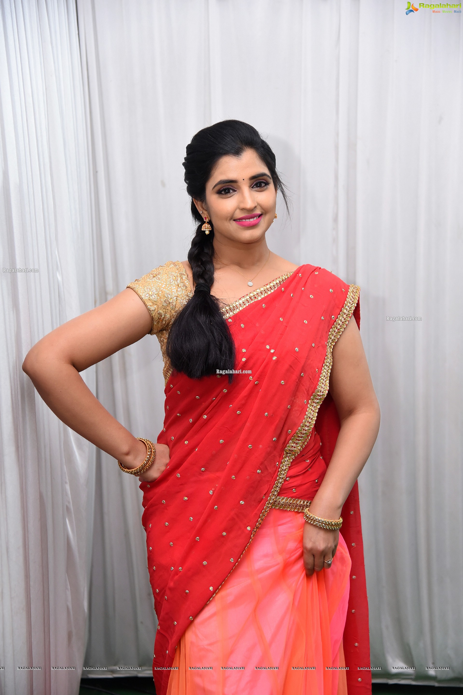 Shyamala in Pink and Red Half Saree, HD Photo Gallery