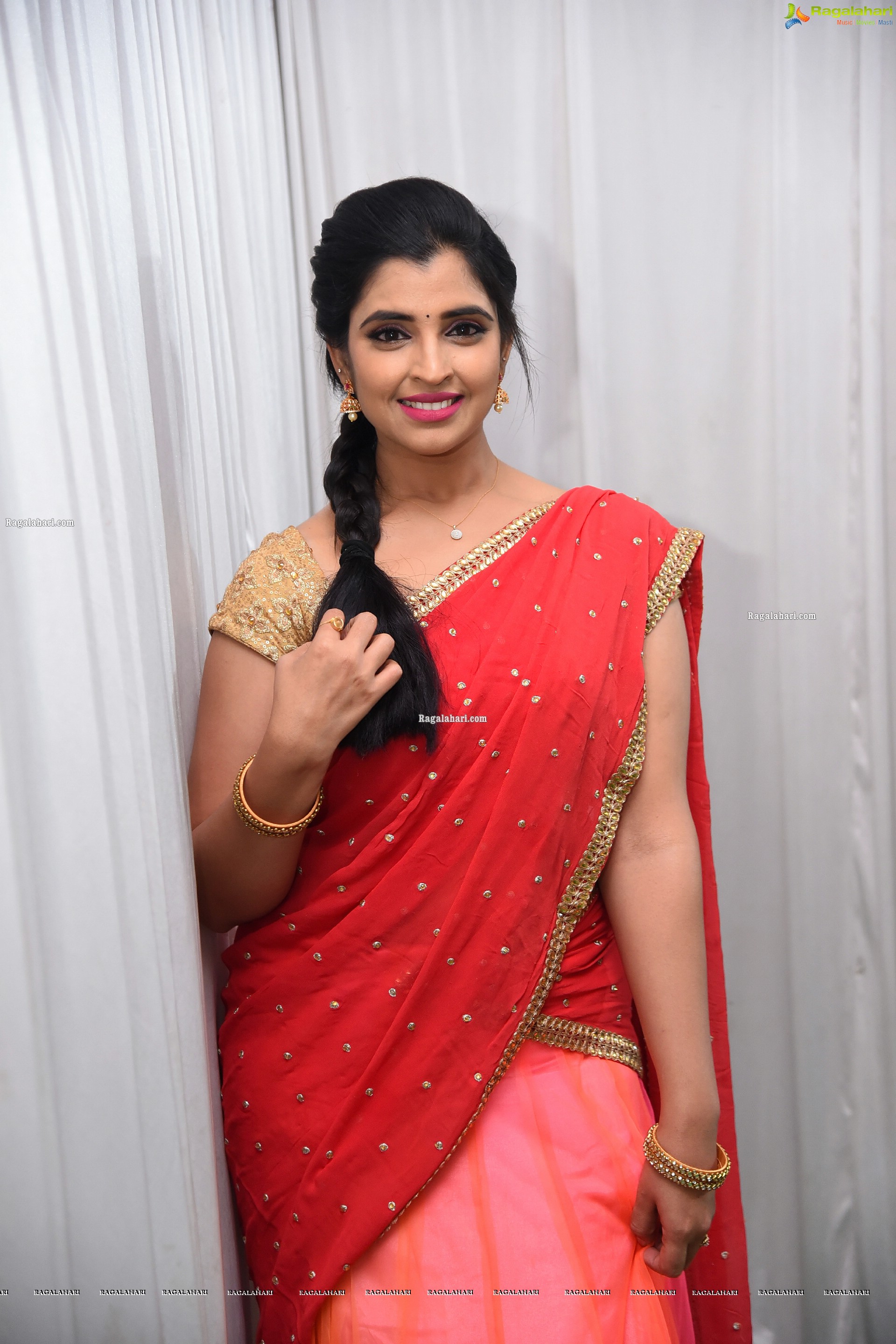 Shyamala in Pink and Red Half Saree, HD Photo Gallery