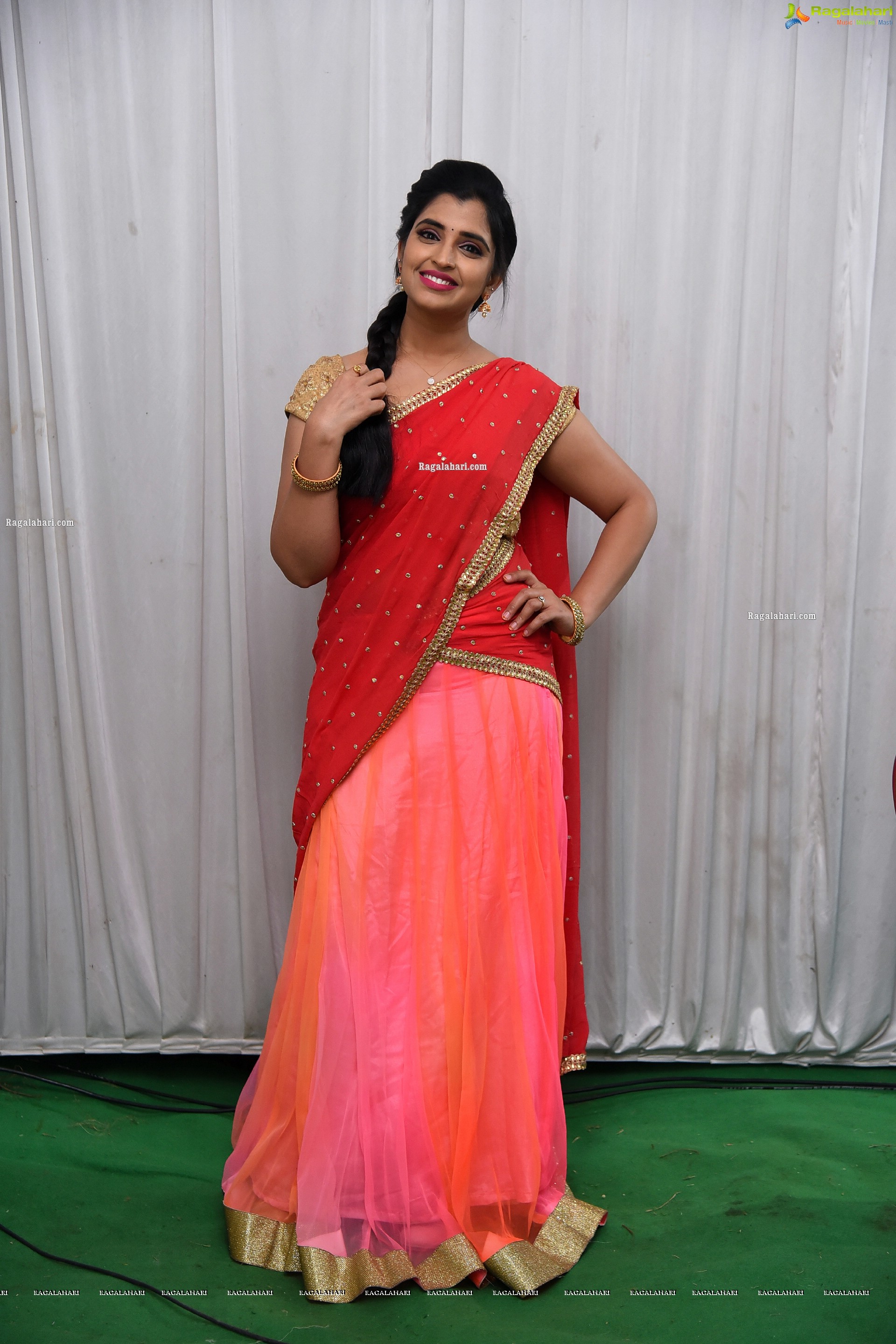 Shyamala in Pink and Red Half Saree, HD Photo Gallery