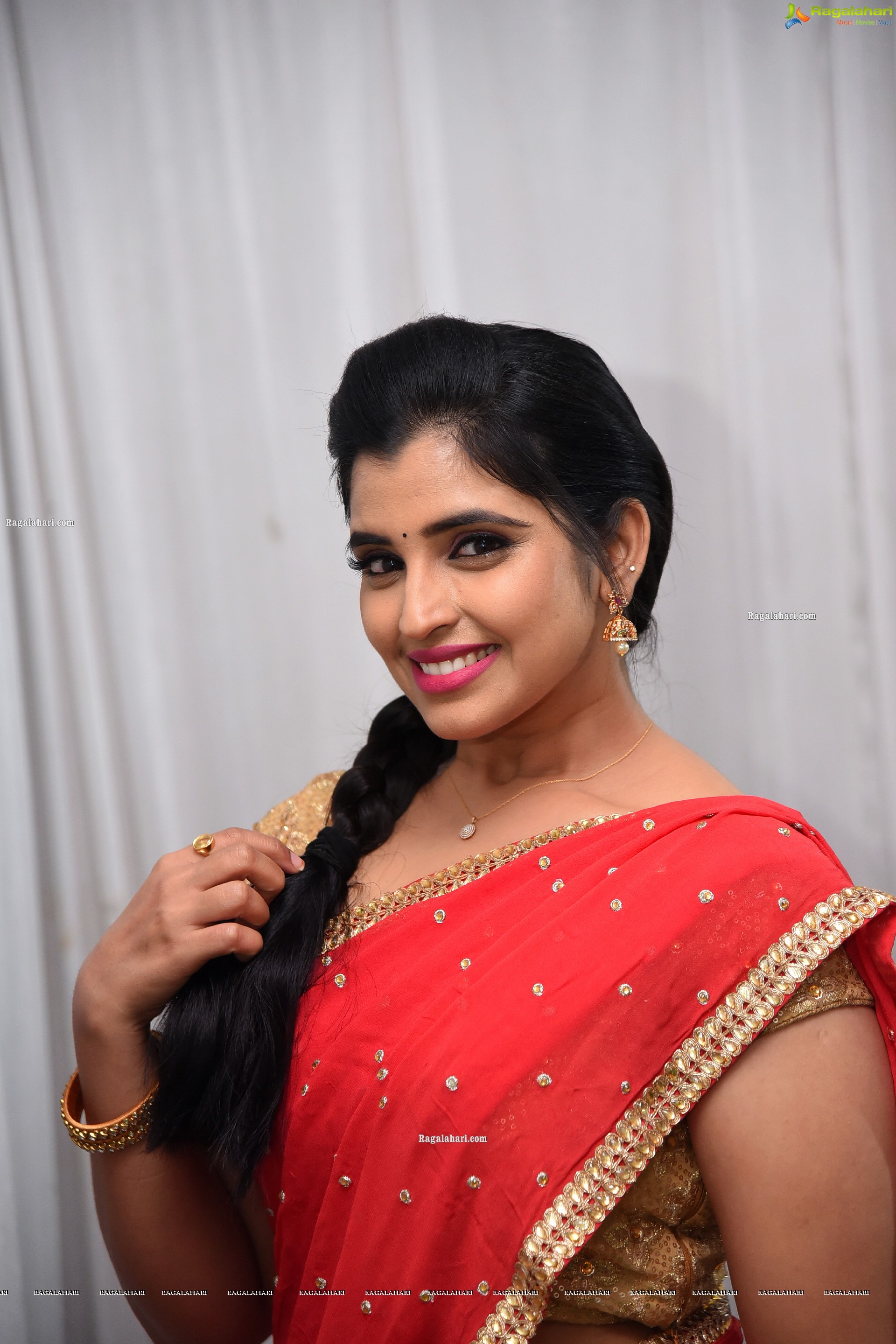 Shyamala in Pink and Red Half Saree, HD Photo Gallery