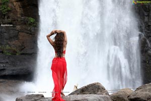 Payal Rajput Posing in a Red Flowing Dress