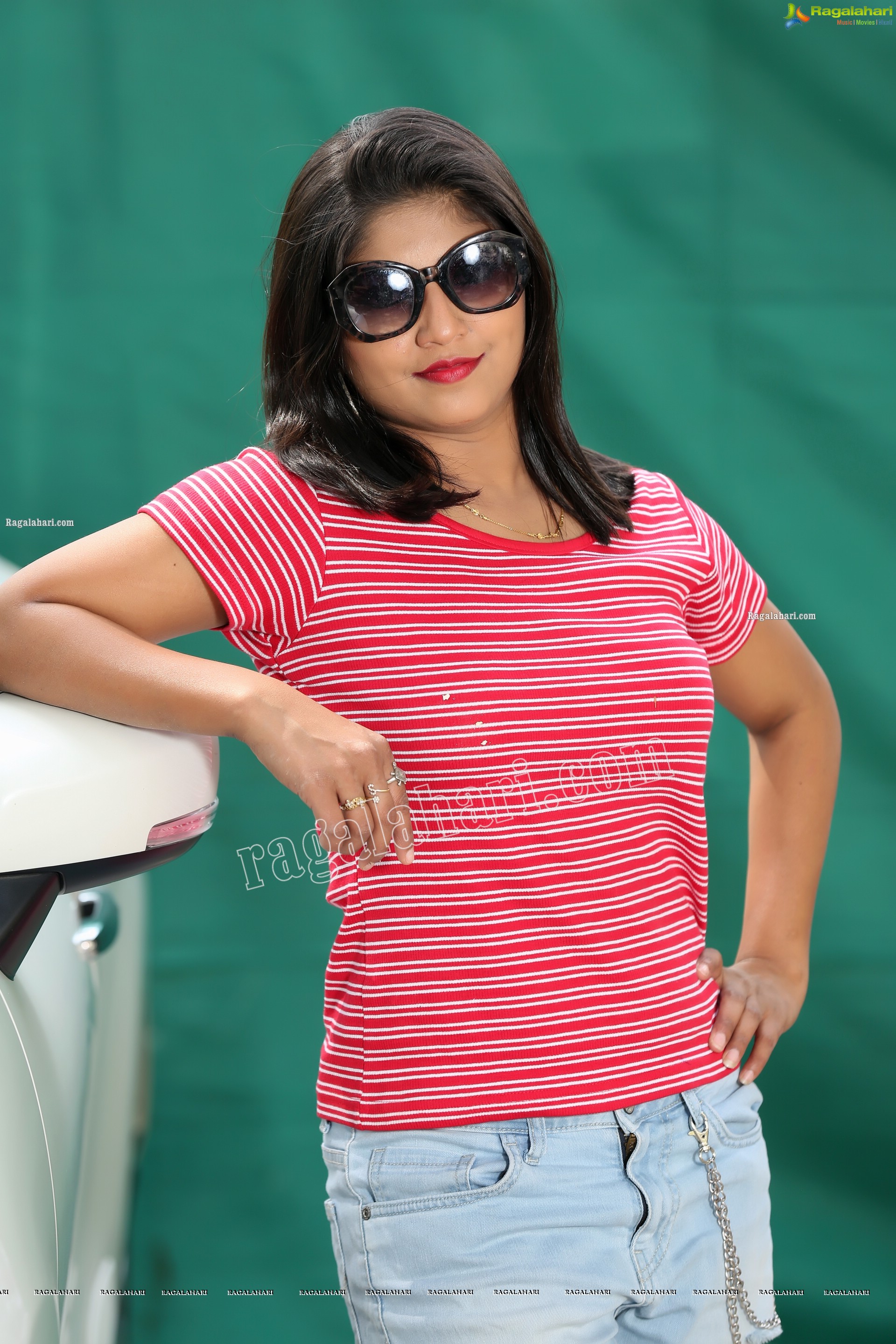 Shabeena Shaik in Trendy Denim Jacket Over Pink Striped Top with Jeans, Exclusive Photo Shoot