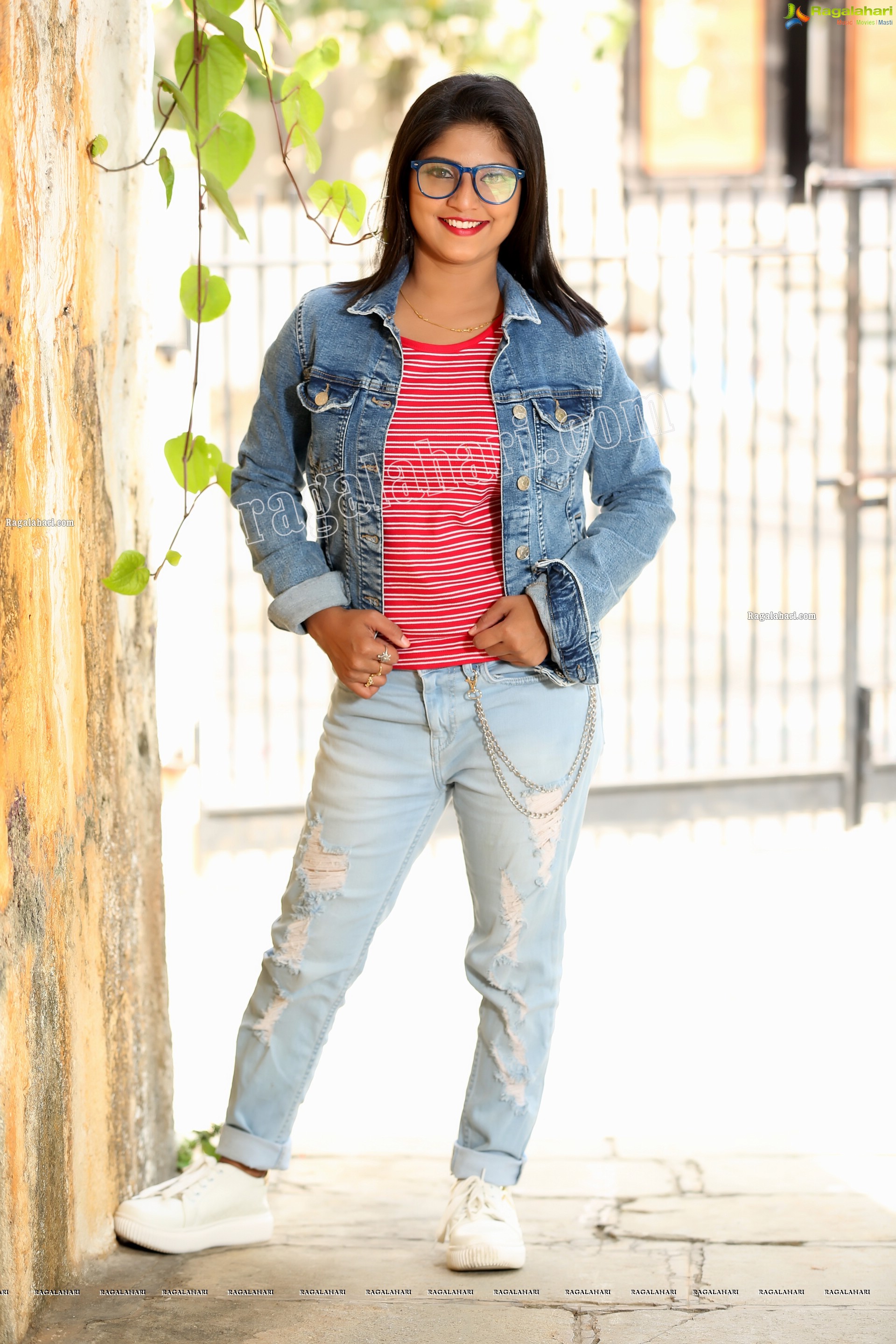 Shabeena Shaik in Trendy Denim Jacket Over Pink Striped Top with Jeans, Exclusive Photo Shoot