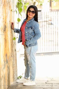 Shabeena Shaik in Trendy Denim Jacket Over Pink Striped Top