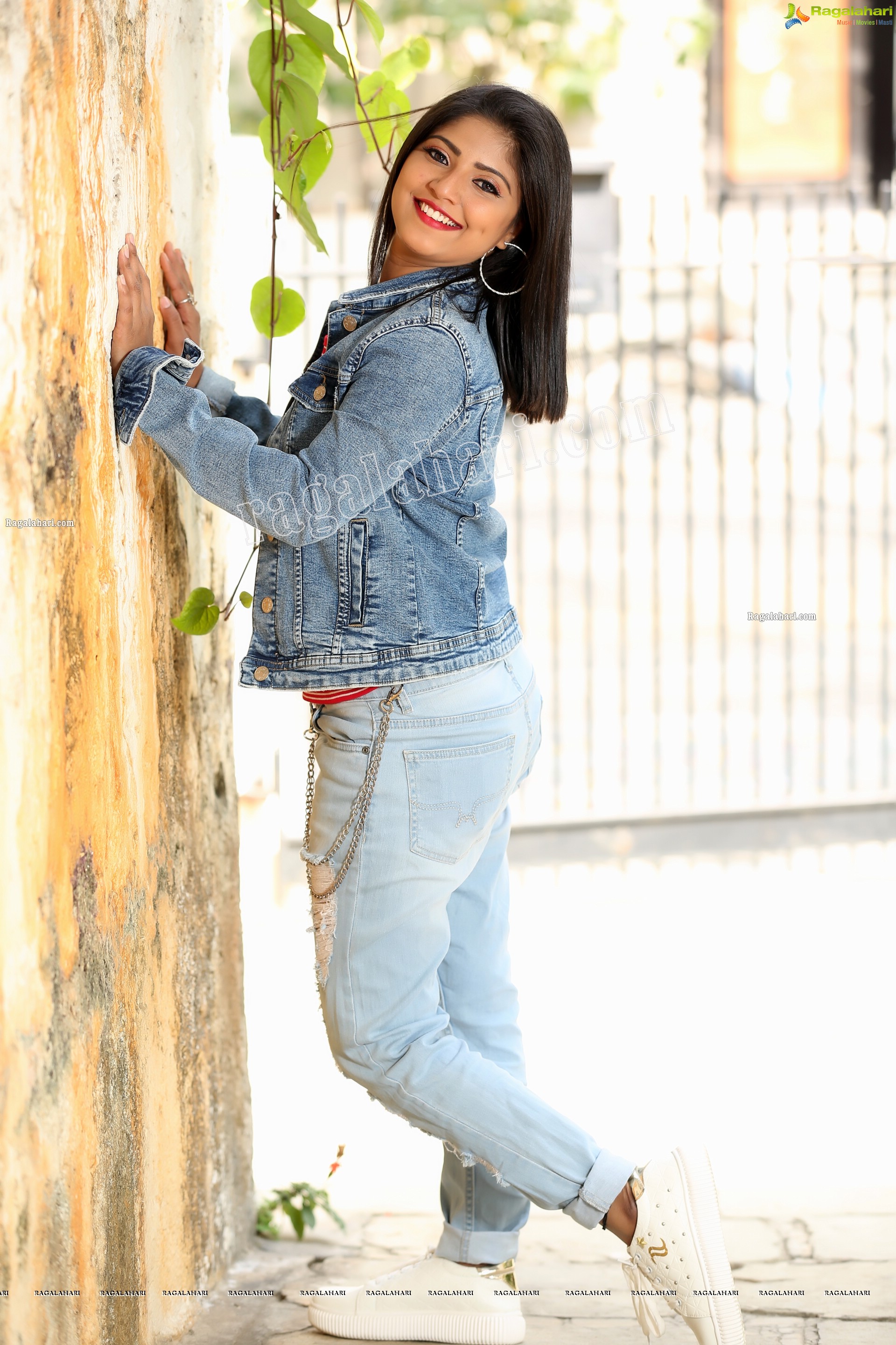 Shabeena Shaik in Trendy Denim Jacket Over Pink Striped Top with Jeans, Exclusive Photo Shoot