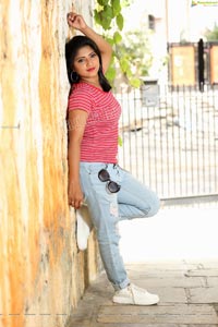 Shabeena Shaik in Trendy Denim Jacket Over Pink Striped Top