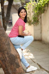 Shabeena Shaik in Trendy Denim Jacket Over Pink Striped Top