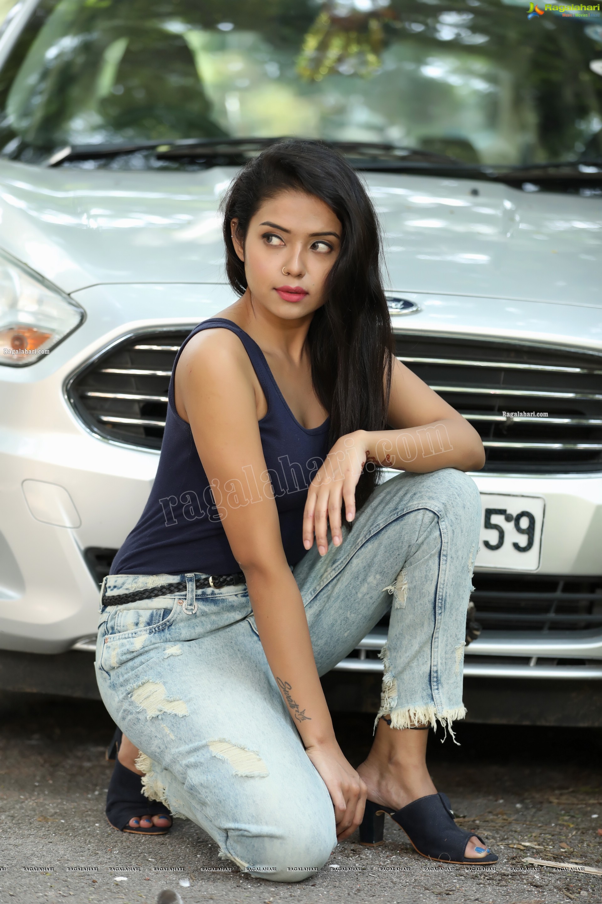 Swati Mandal in Navy Blue Tank Top and Jeans Exclusive Photo Shoot