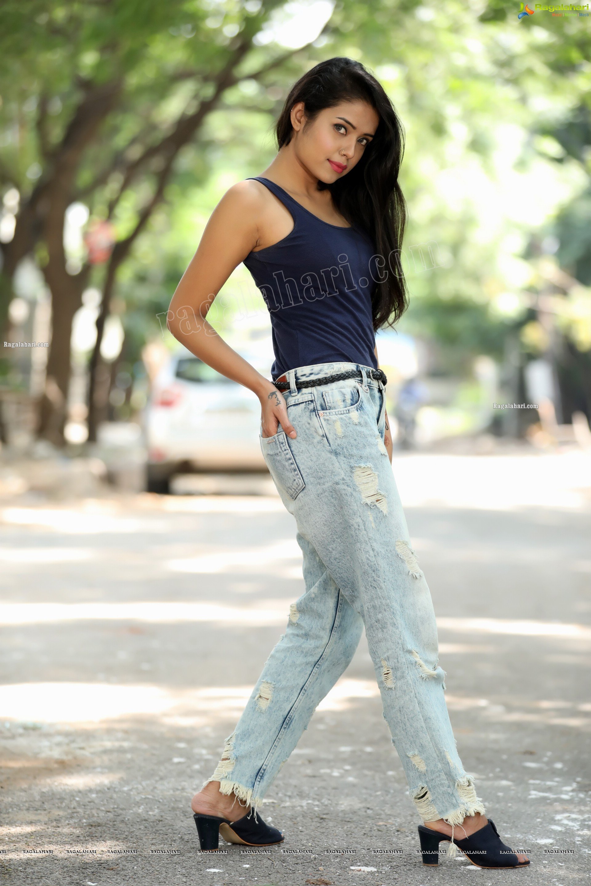Swati Mandal in Navy Blue Tank Top and Jeans Exclusive Photo Shoot