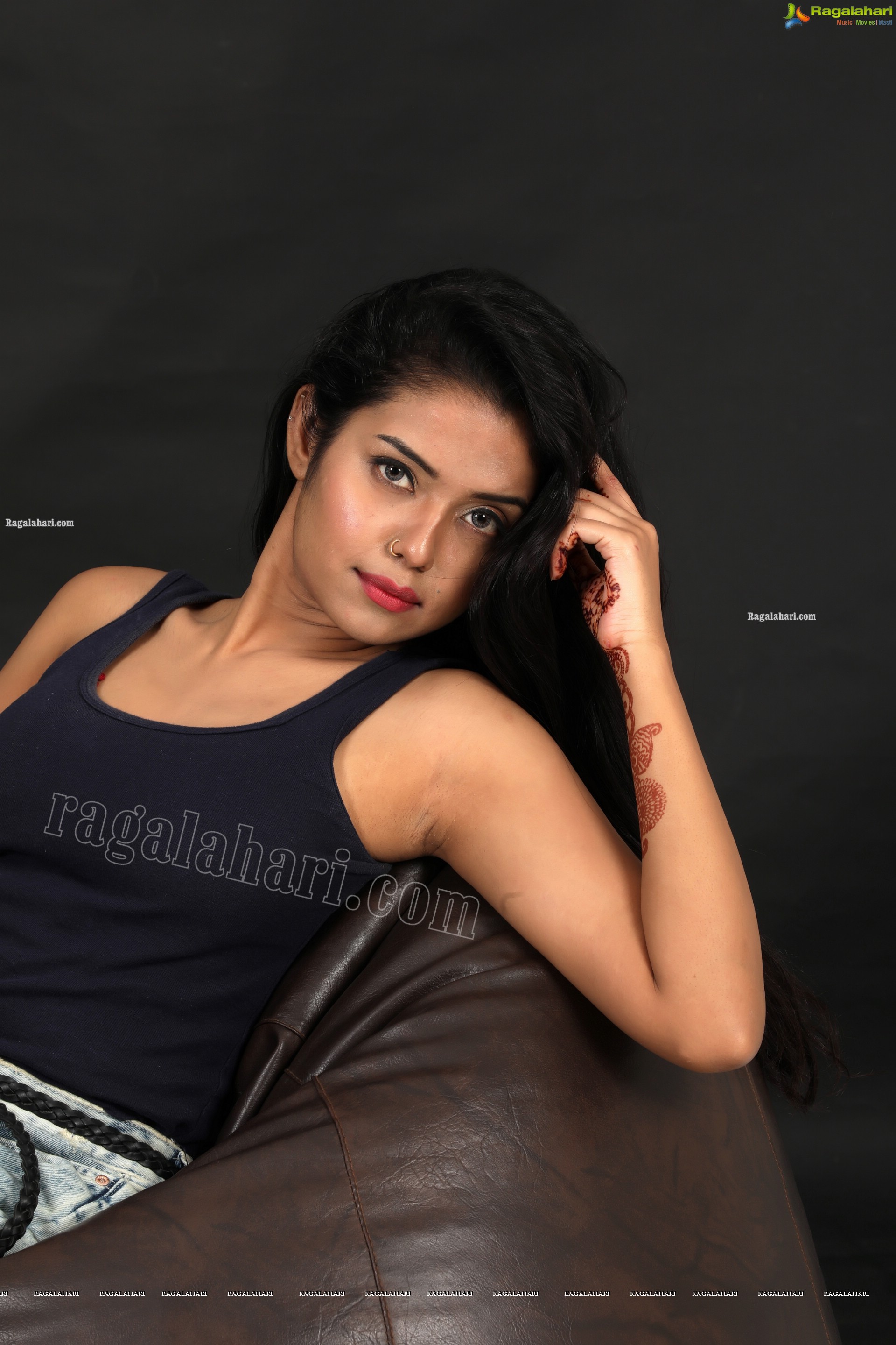Swati Mandal in Navy Blue Tank Top and Jeans Exclusive Photo Shoot