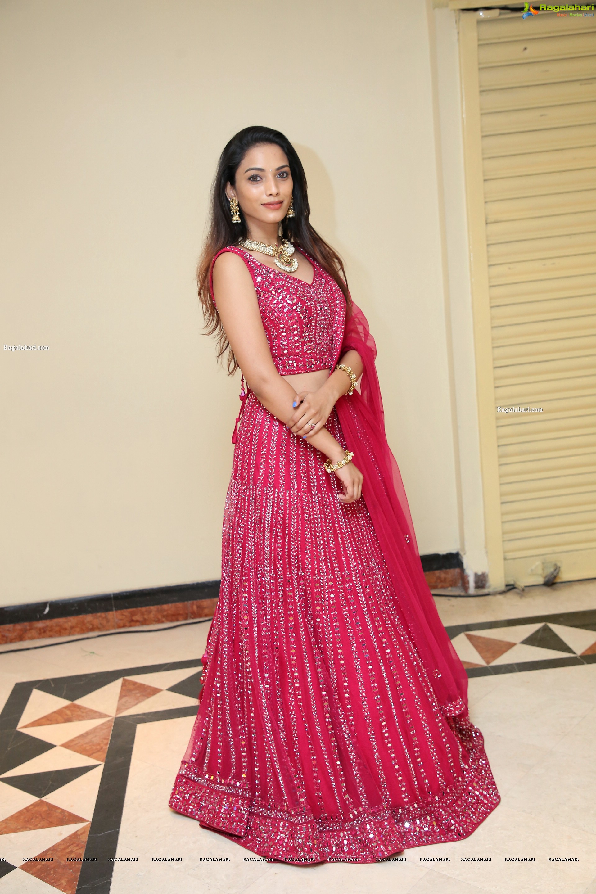 Harshini Balla in Red Designer Lehenga Choli, HD Photo Gallery