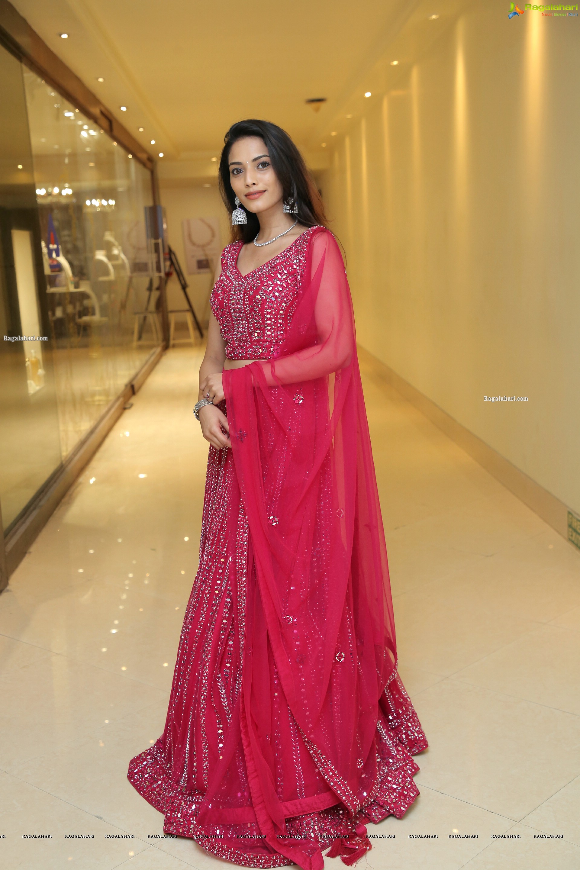 Harshini Balla in Red Designer Lehenga Choli, HD Photo Gallery