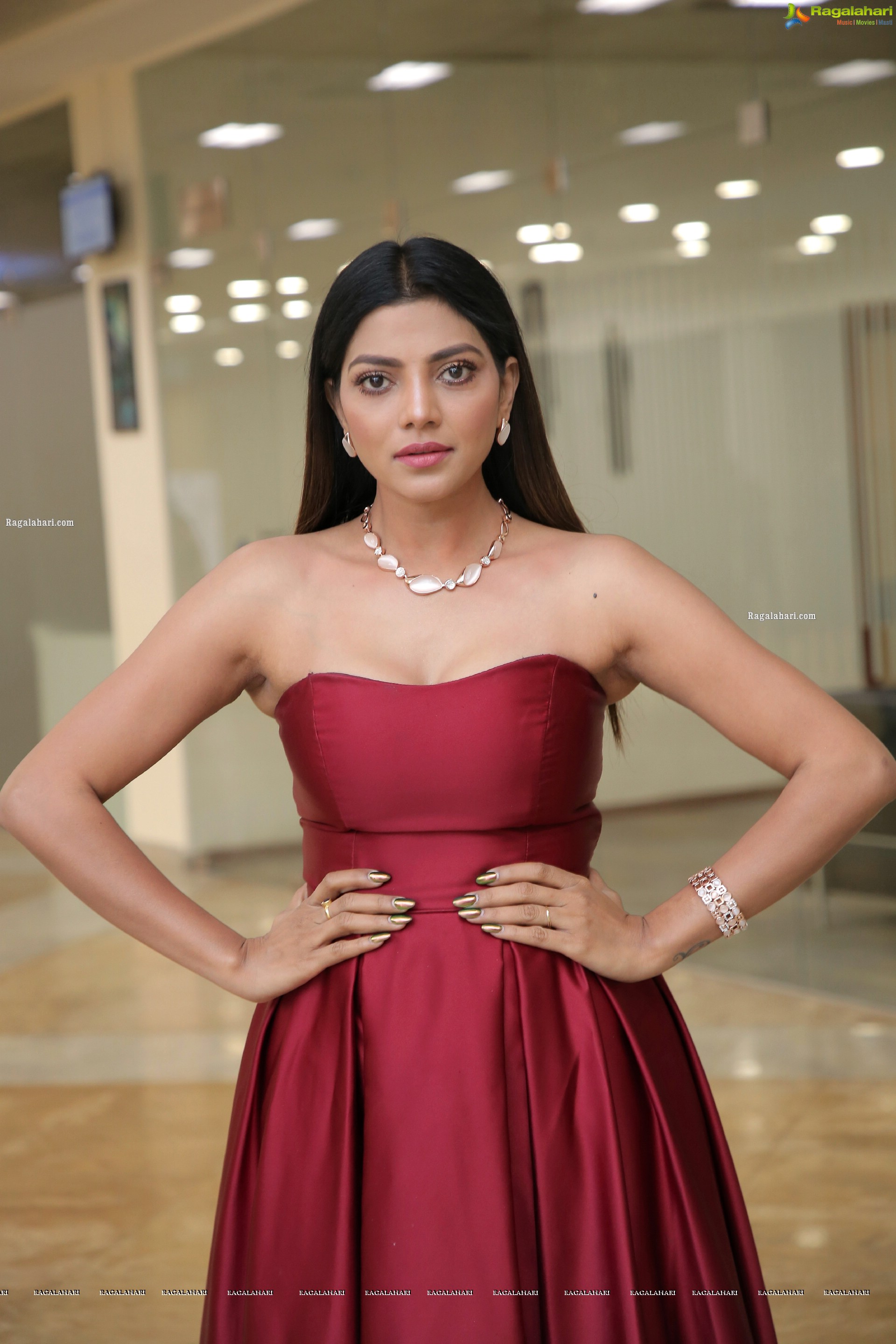 Lahari Shari in Red Off Shoulder Dress, HD Photo Gallery