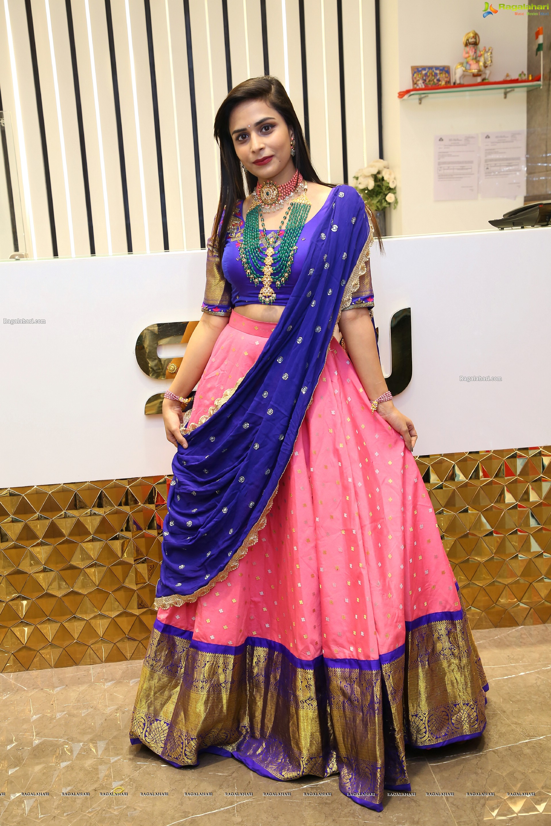 Mounica in Traditional Pink and Blue Lehenga and Jewellery, HD Photo Gallery